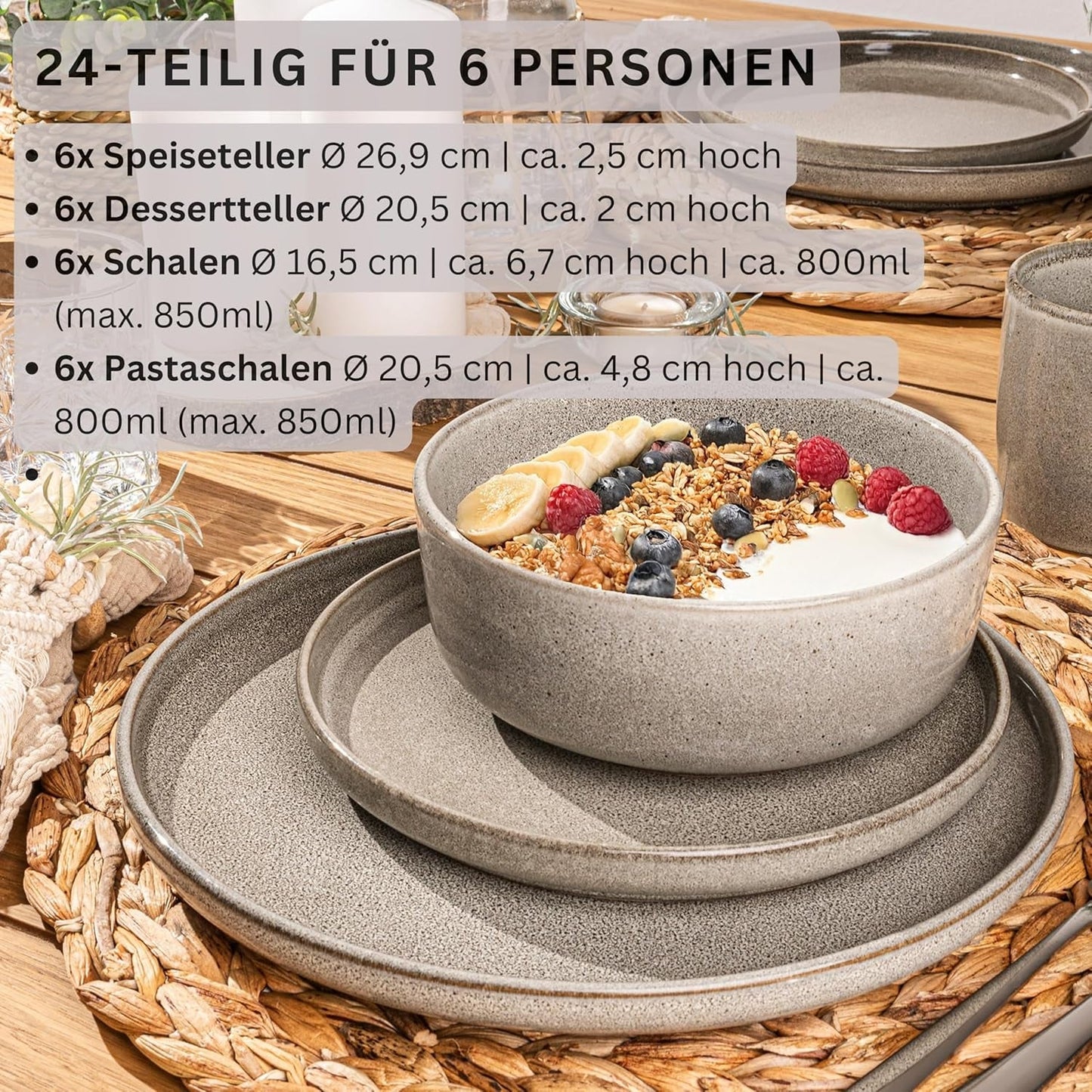 SÄNGER Cairo Clay | 24 delars servisset, servisset i stengods för 6, 6 tallrikar, 6 desserttallrikar, 6 pastaskålar, 6 serveringsskålar, grå servisset | VÄRDESAMLING
