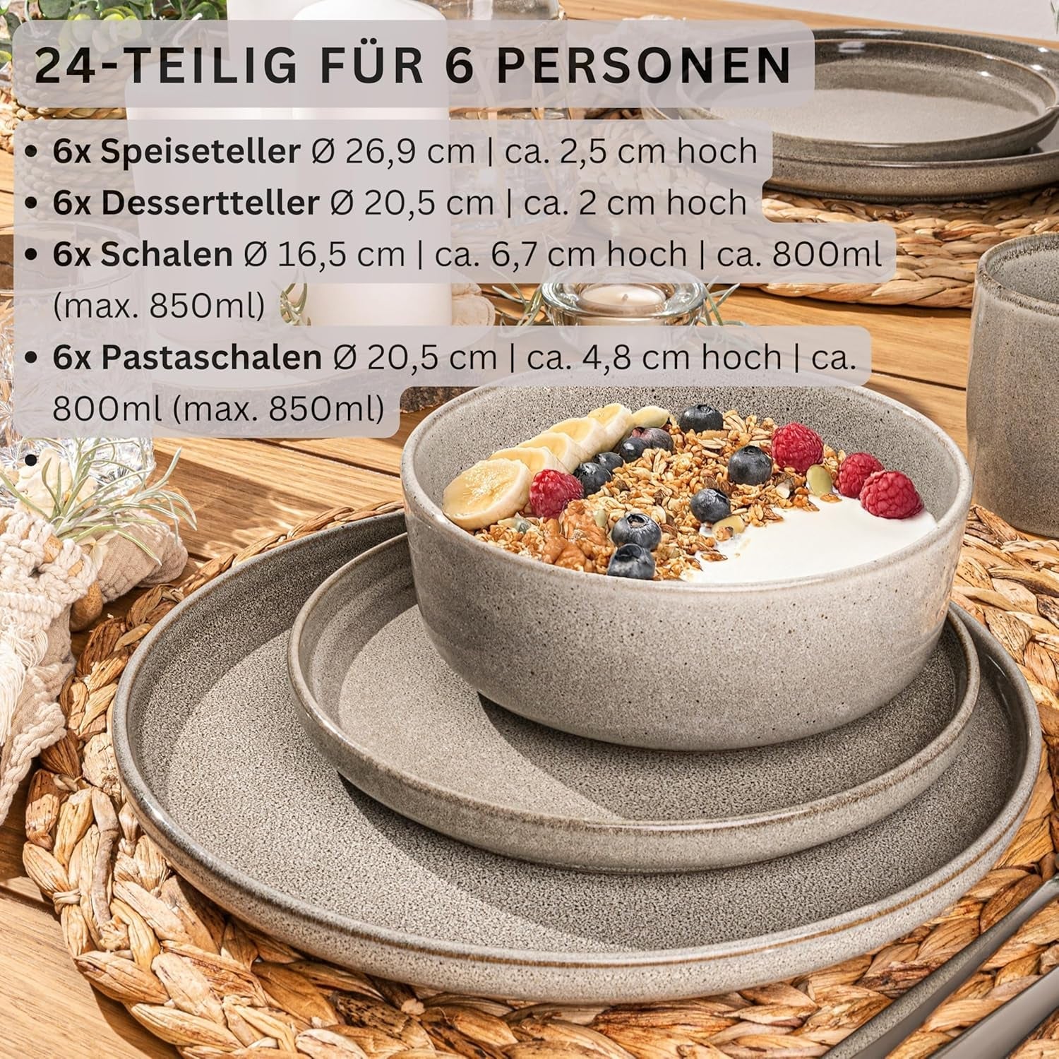 SÄNGER Cairo Clay | 24 delars servisset, servisset i stengods för 6, 6 tallrikar, 6 desserttallrikar, 6 pastaskålar, 6 serveringsskålar, grå servisset | VÄRDESAMLING