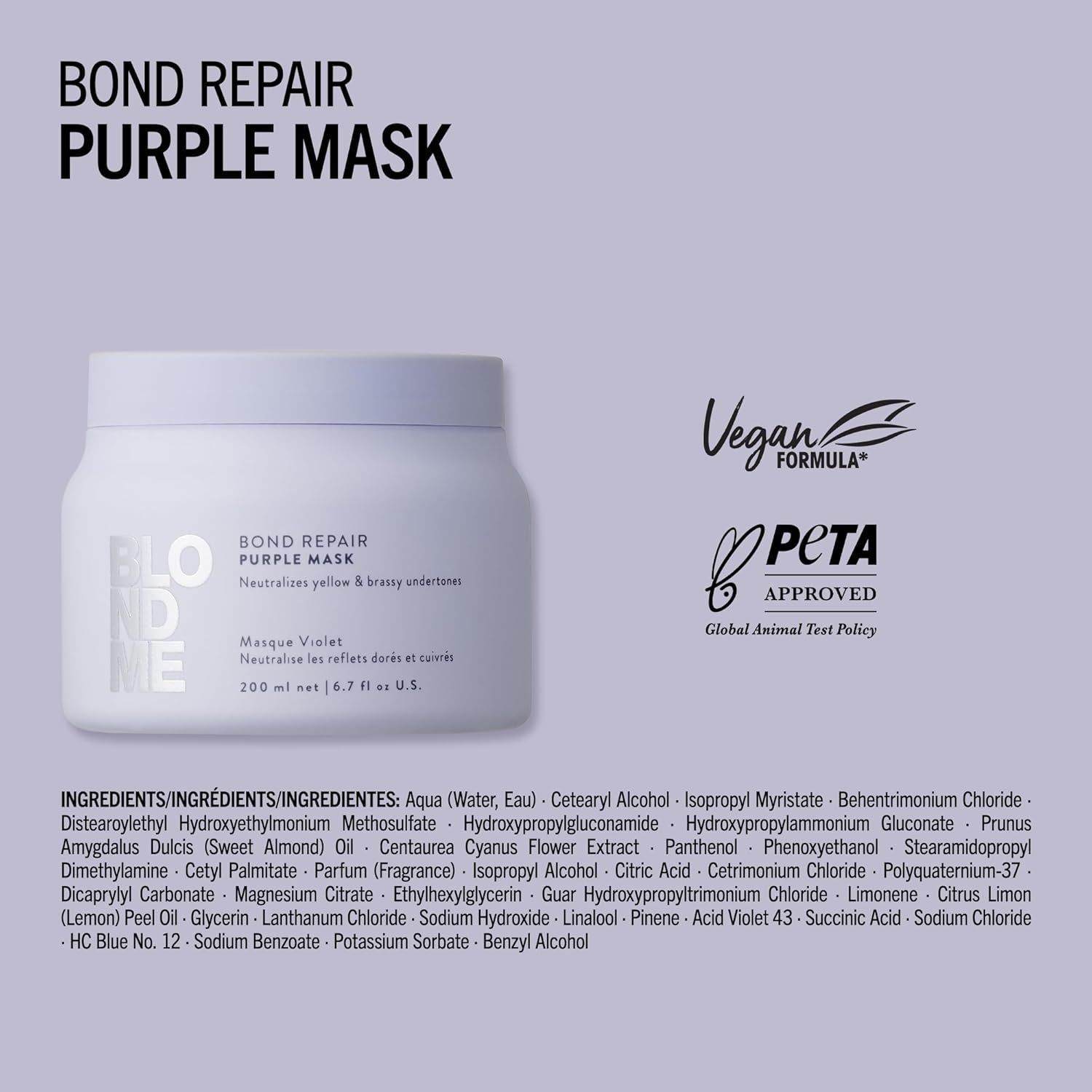 Schwarzkopf Professional BLONDME Bond Repair Purple Mask Mask för kallt hår Neutraliserar gula toner för färgat, blekt och ljust hår Djupvårdande och stärkande 200 ml Hårmask Naty Shop