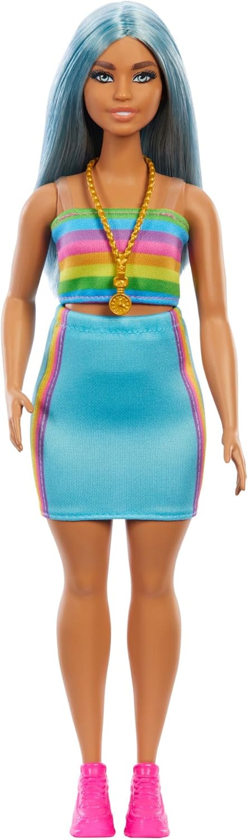 Barbie Fashionistas docka nr. 218 med långt blått hår, regnbågstopp och turkos kjol, 65-årsdag samlardocka, HRH16 Naty Shop Dolls