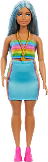 Barbie Fashionistas docka nr. 218 med långt blått hår, regnbågstopp och turkos kjol, 65-årsdag samlardocka, HRH16 Naty Shop Dolls