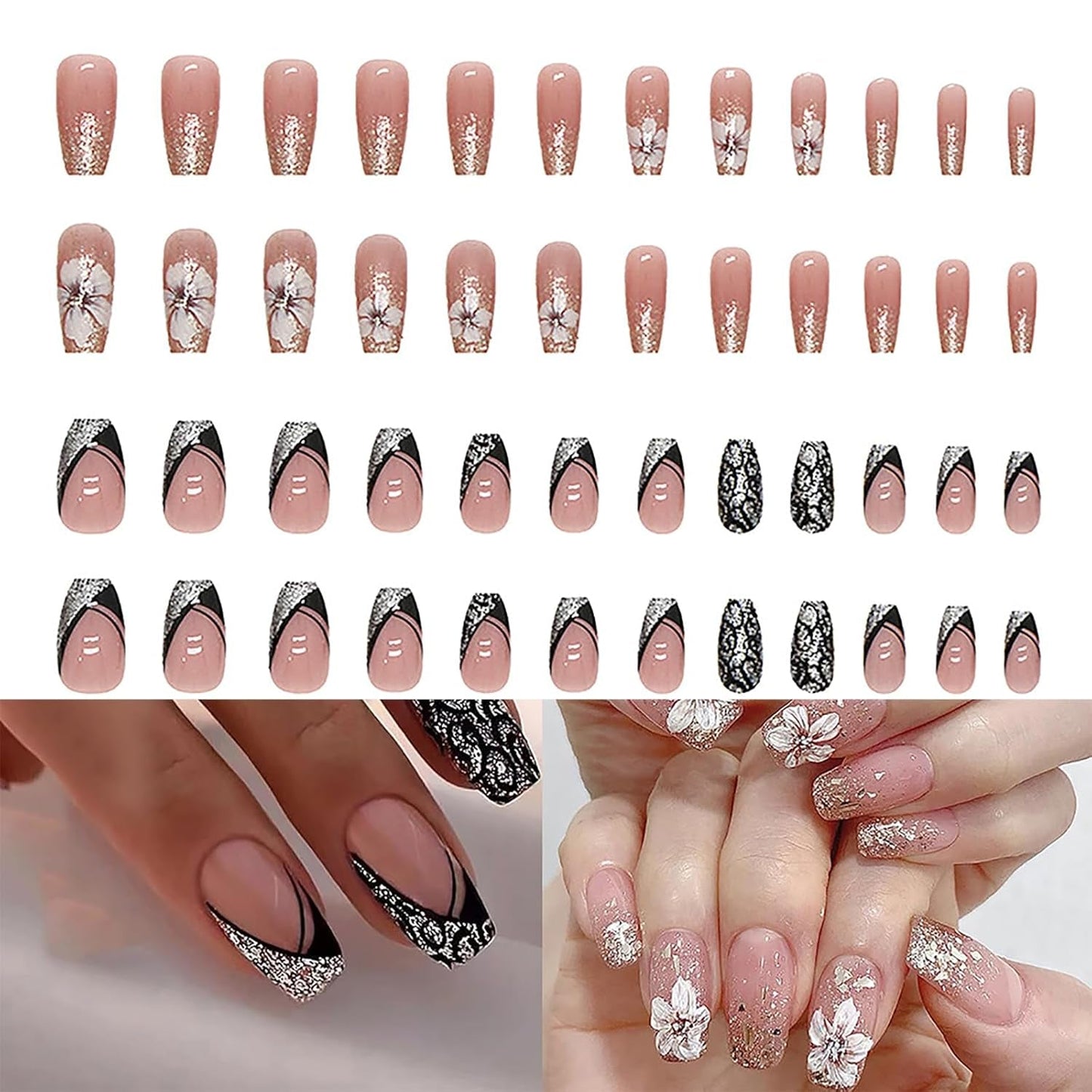 Konstgjorda naglar Naturligt Glitter Kort Press På Akryl Självhäftande Glitternaglar För Kvinnor Flickor Nail Art Accessoarer 48st