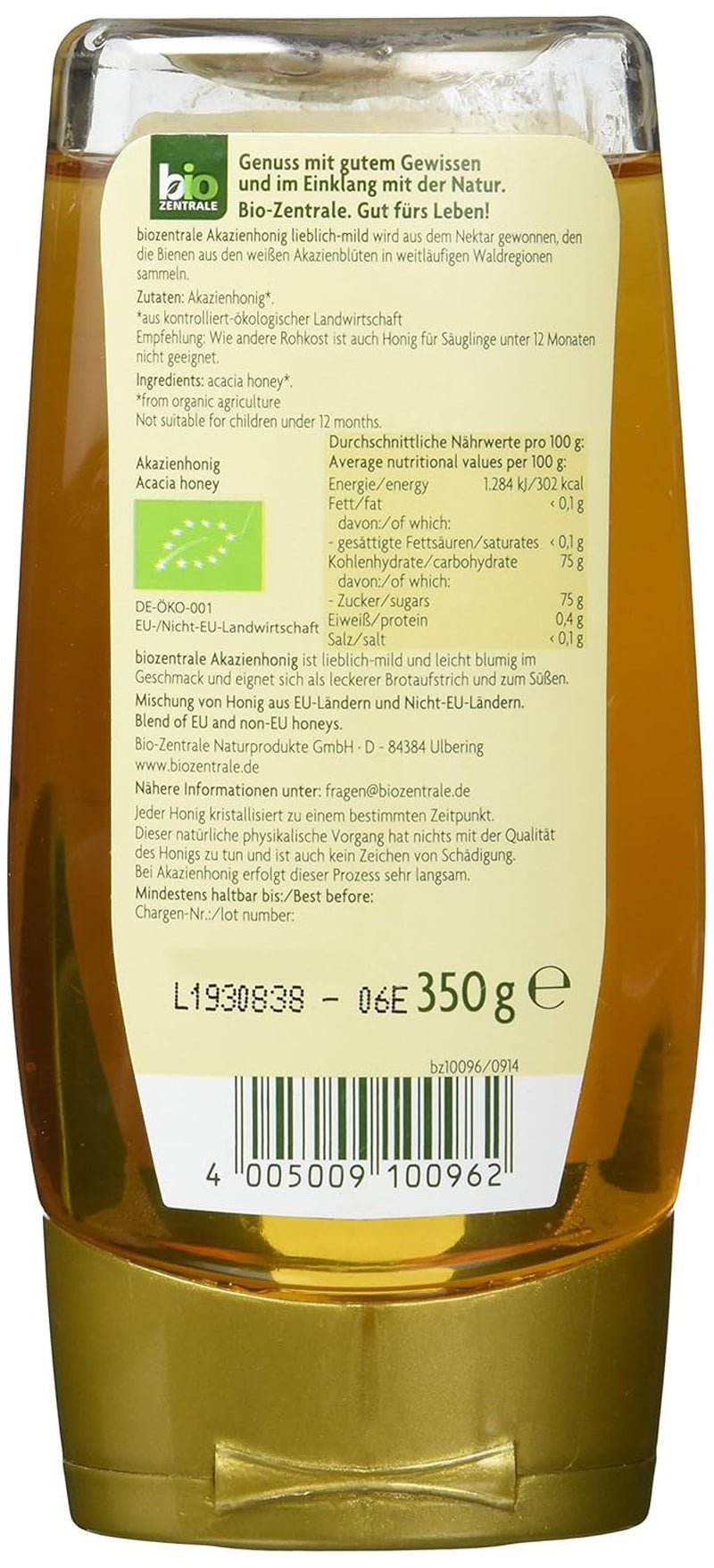Biozentrale Ekologisk akaciahonung | 350 g Ekologisk honung från vita akaciablommor | Idealisk som pålägg Ekologisk honung till te | Alternativ till bikakehonung (2-pack)