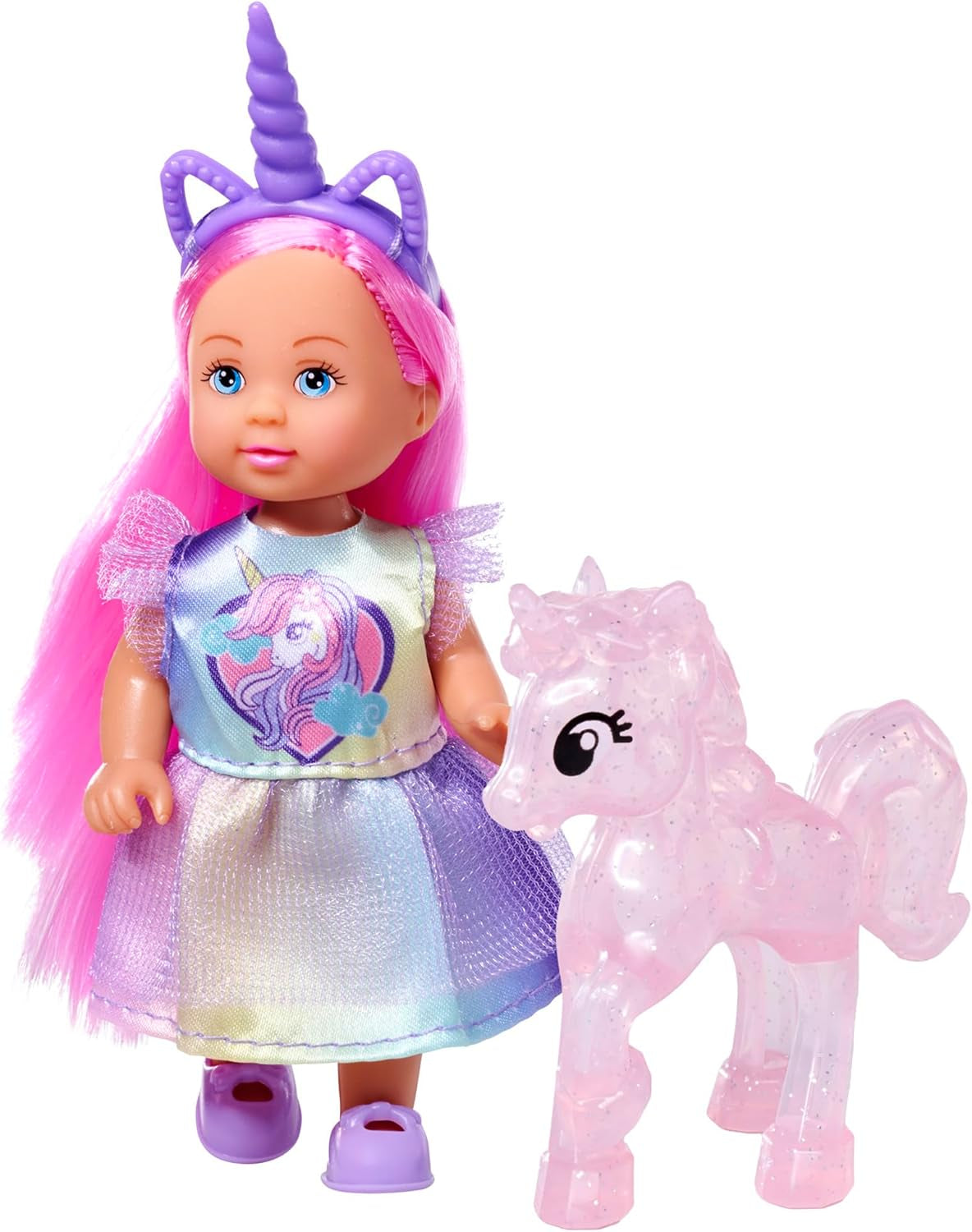 Simba Evi Love Unicorn Play Doll bär en söt enhörningsklänning med matchande pannband, inklusive en enhörning med stall, äpplen och en dricksflaska, 12 cm, i åldern 3+