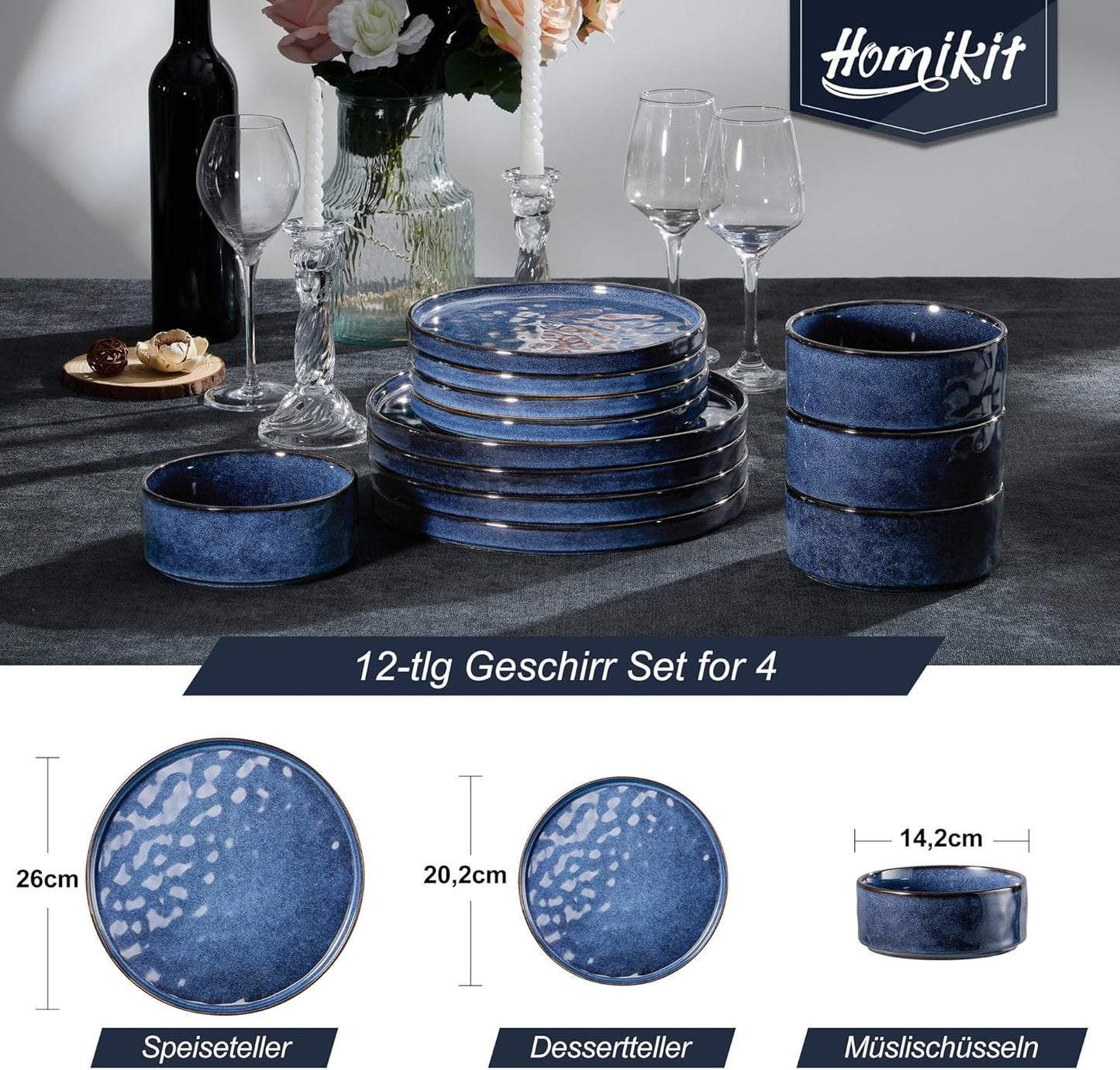 Homikit servisset, 12-delat servisset för 4, middagsservicekombination med tallrikar, desserttallrikar och spannmålsskålar, tål mikrovågsugn och diskmaskin, elegant blå