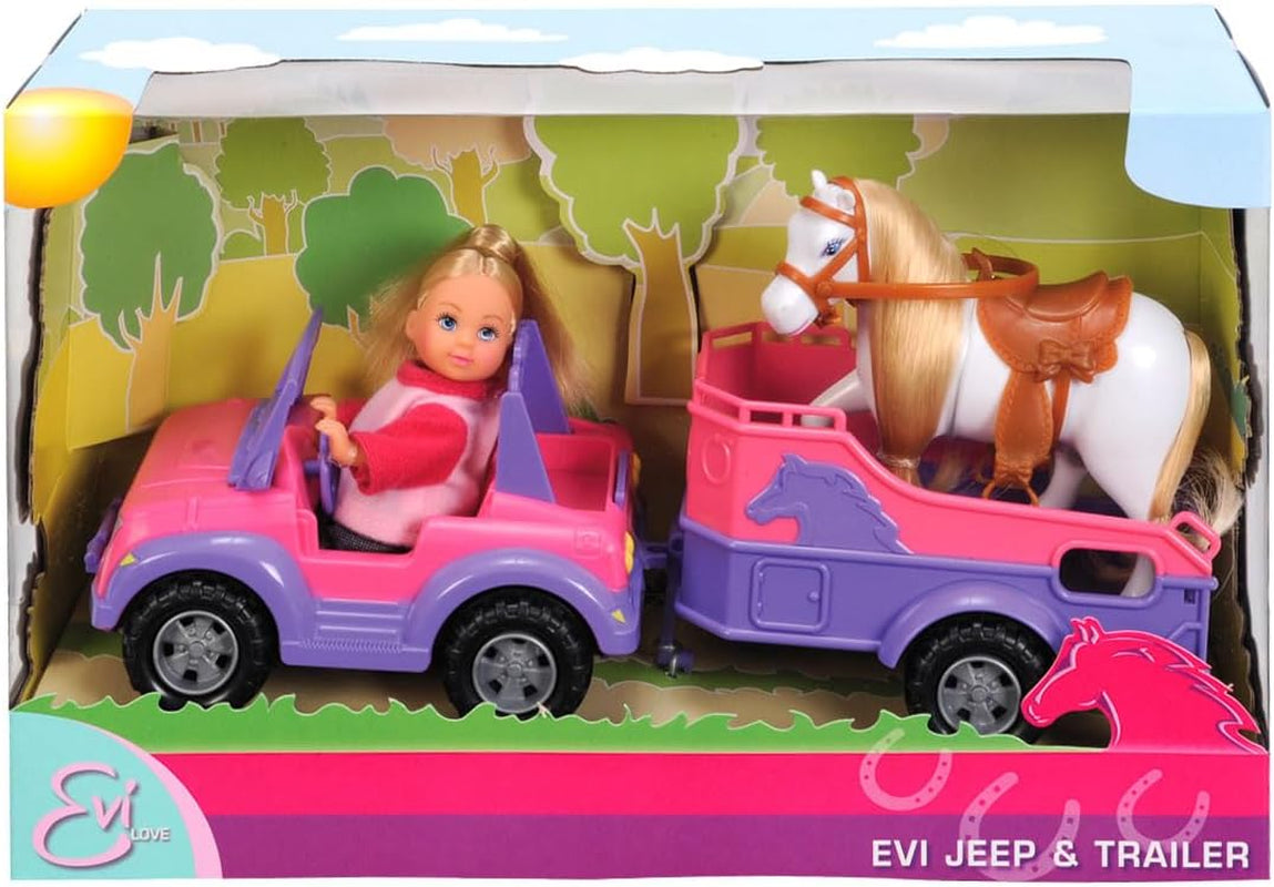 Simba 105737460 - Evi Love Evi hästsläp med rosa jeep, lila häst och ponnyhänge, dress up docka, 12 cm, ålder 3+ dockor Naty Shop Standardtitel