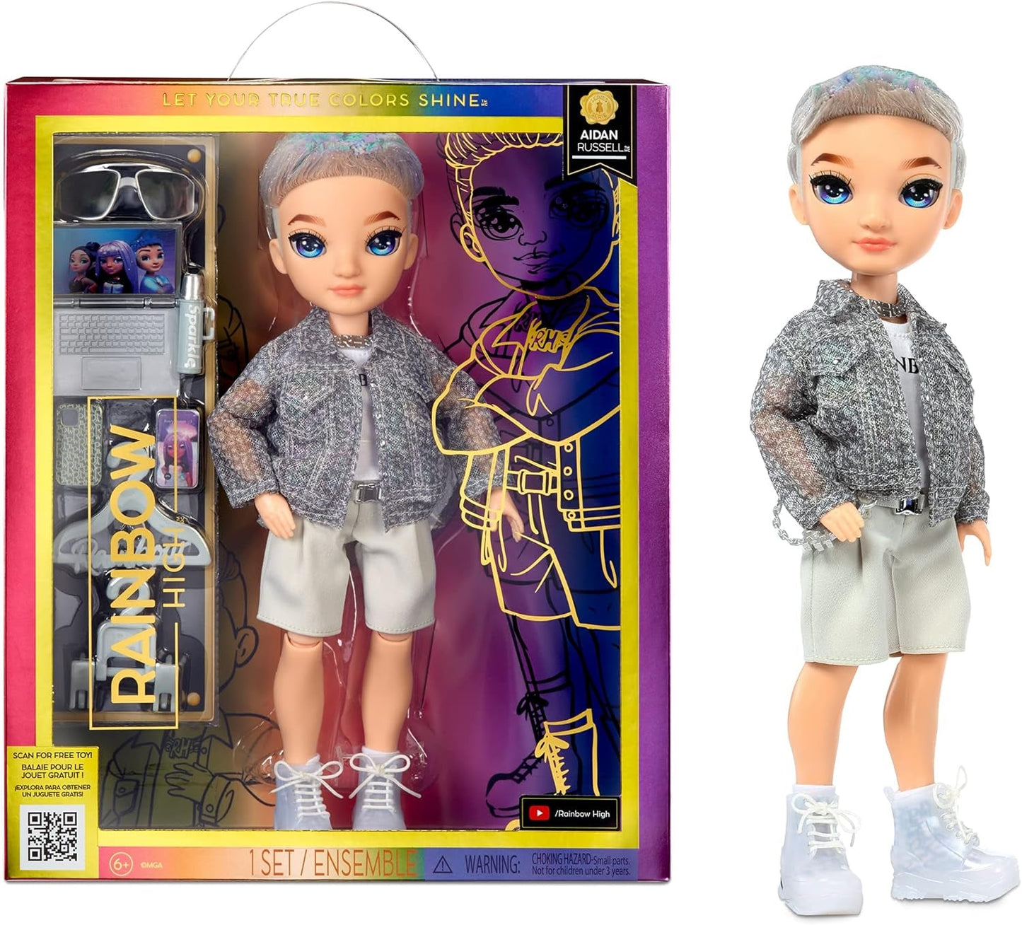 Rainbow High Fashion Doll - Aidan Russell - Purple Boy Doll - Fashionabla kläder och 10+ färgglada lektillbehör - För samlare och barn i åldrarna 4-12