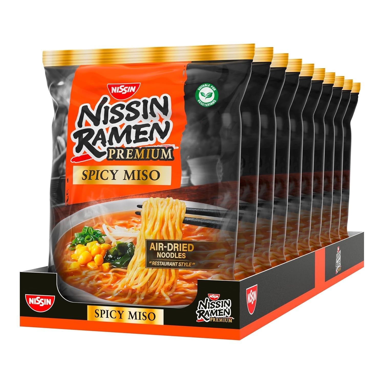 Nissin Ramen Premium - Miso Spicy 10-pack japansk stil Air Dry Instant Nudlar för "Restaurant Style" Ramen med en milt kryddig smak av miso och wakame-flingor (10 x 90,7 g)