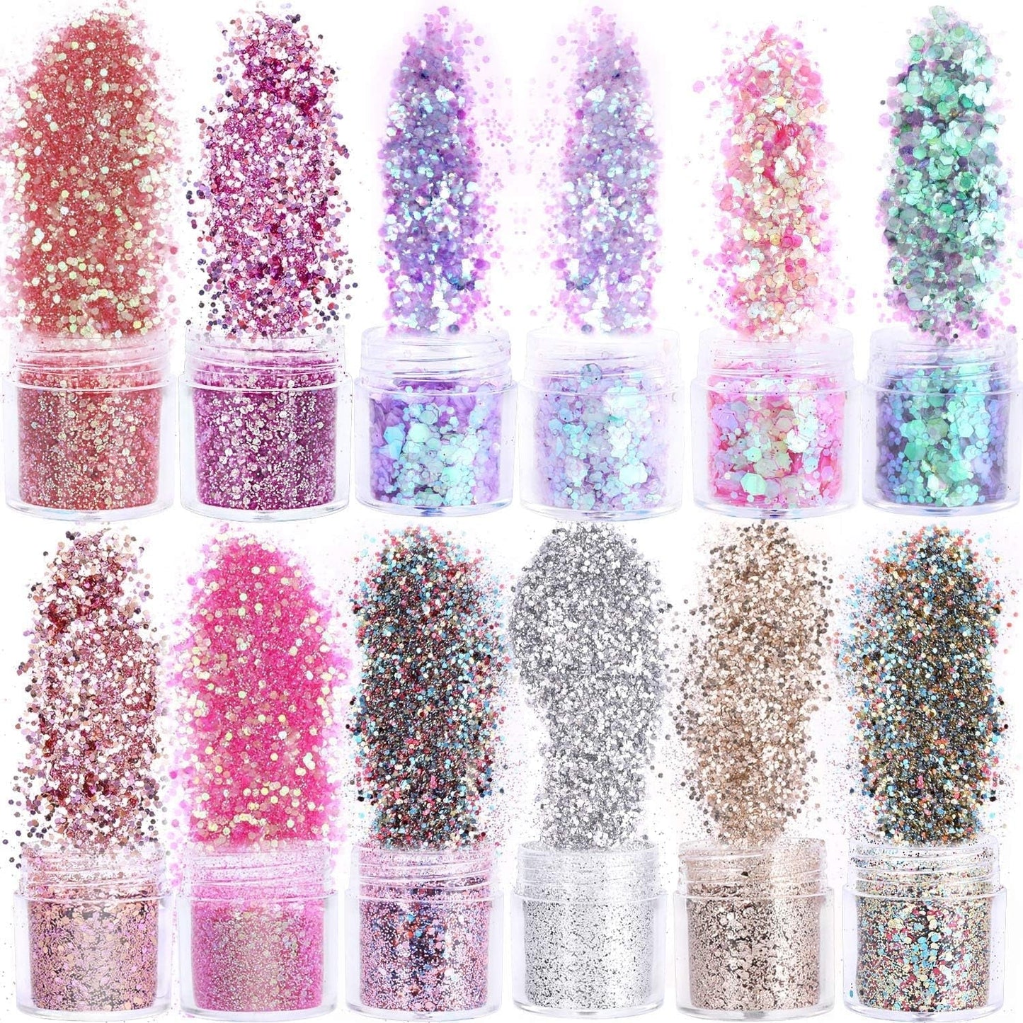 HOWAF 12 lådor Nail Glitter Ansikte Kroppsborste Glitter Smink Nagel Glitter Ögon Läpp Hår Kroppsdekoration Halloween Julfestival Maskerad Smink Tillbehör
