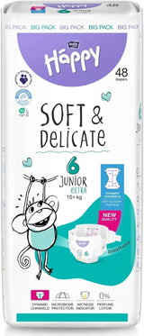 Bella Baby Happy Premiumblöjor, storlek 6, Junior Extra, 15+ kg, 96 st, DERMATEST och OEKO-TEX Seal, Babyblöjor för engångsbruk