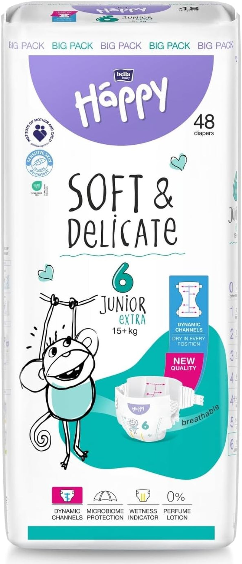 Bella Baby Happy Premiumblöjor, storlek 6, Junior Extra, 15+ kg, 96 st, DERMATEST och OEKO-TEX Seal, Babyblöjor för engångsbruk