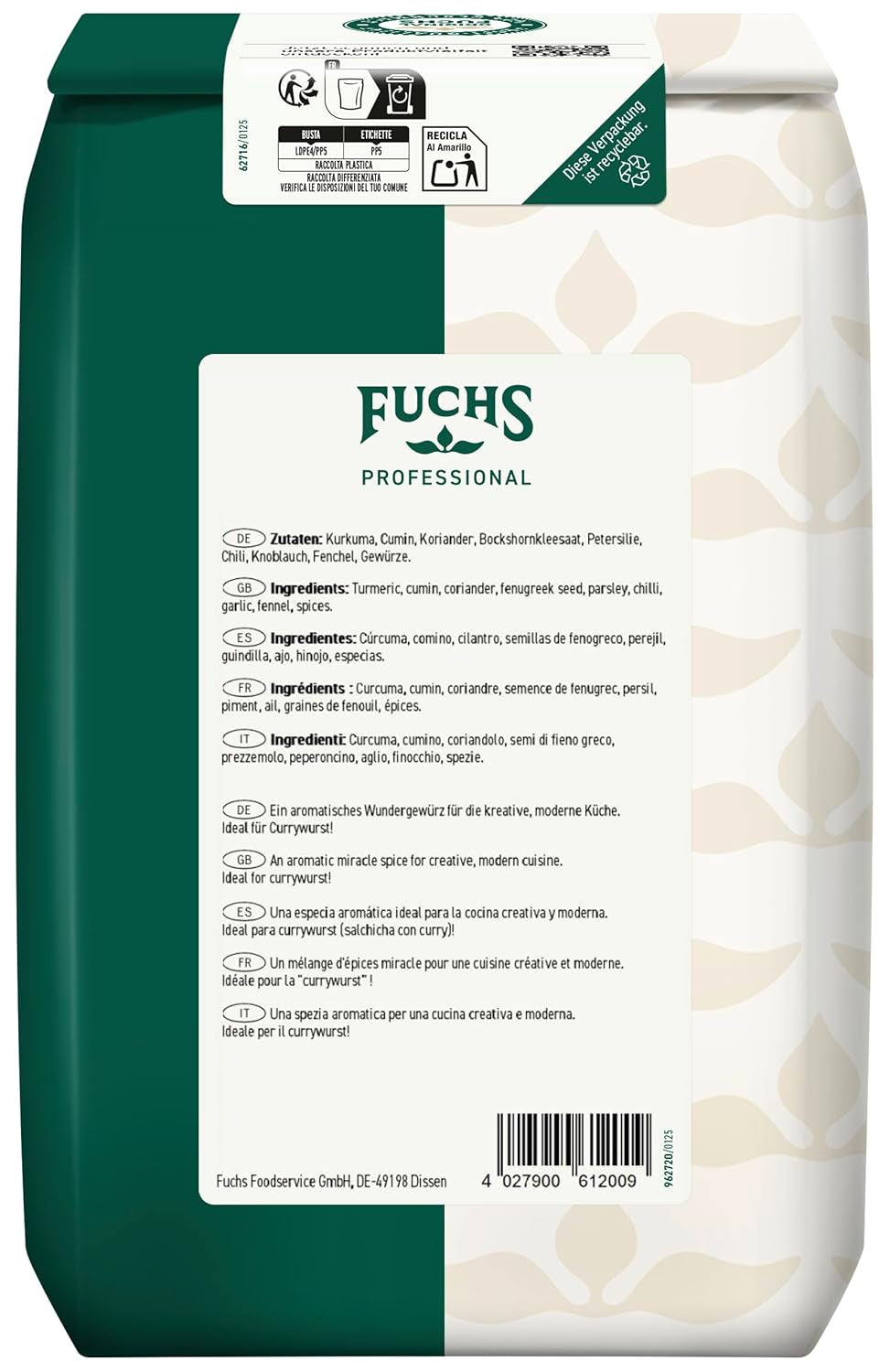 Fuchs Professional - Curry engelsk stil "Goldelephant" | Zum Würzen von Suppen, Saucen och Reisgerichten | Profi-Qualität für Großverbraucher und Gastronomie | 1 kg im återvinningsbar väska