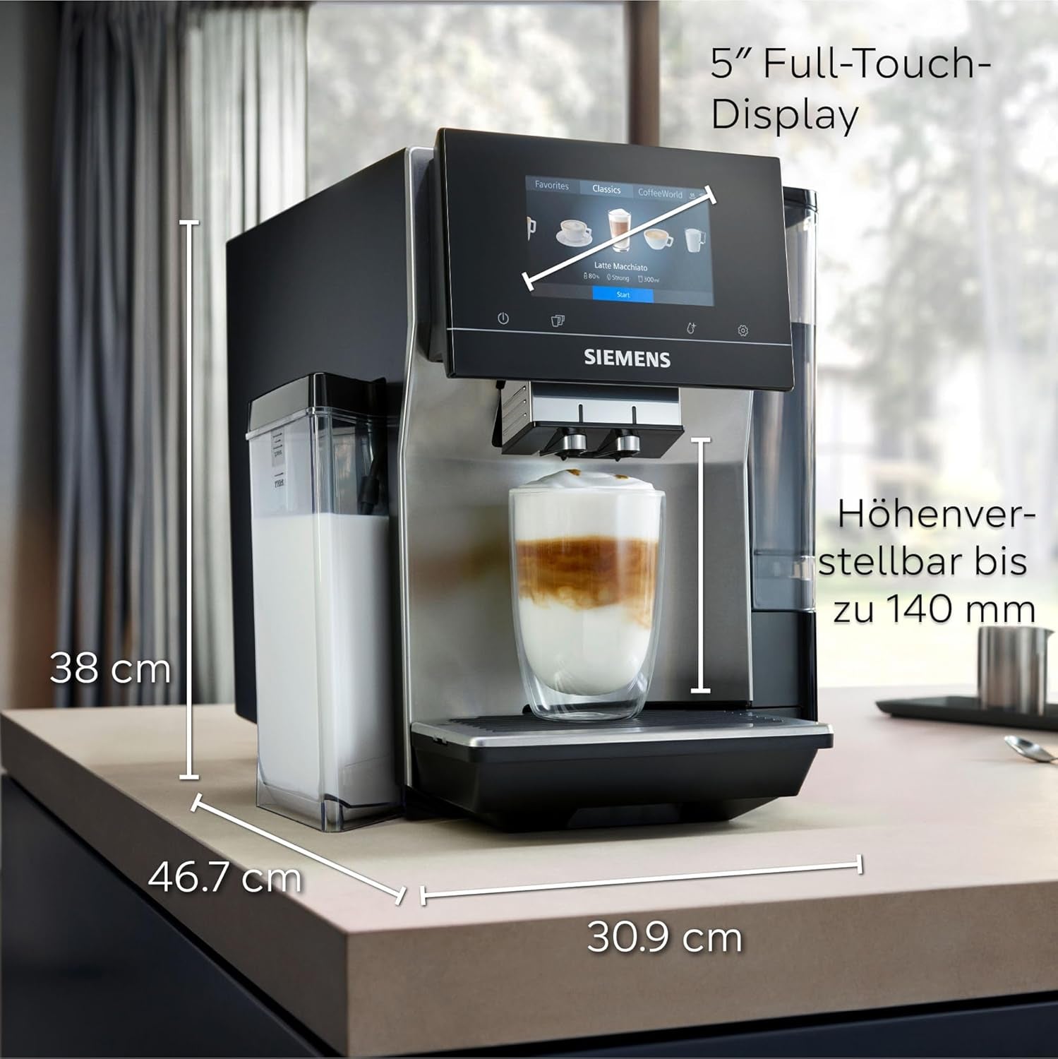 Siemens EQ700 helautomatisk espressomaskin, stor TFT-färgskärm, 36 varma och kalla drycker, kallbryggning, 2 kopparfunktion, appkontroll, automatiskt rengöringssystem, svart rostfritt stål, TQ717D03