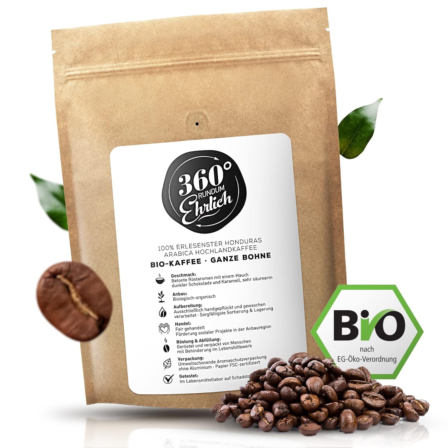 Premium Bio Kaffeebohnen 1000g, 100% Honduras Hochland Arabica Kaffeebohnen Bio - Köstlich, mild, säurearm - Bio Kaffee ganze Bohnen - Ideal as Kaffeebohnen Vollaautomat - 360° Rundum Ehrlich