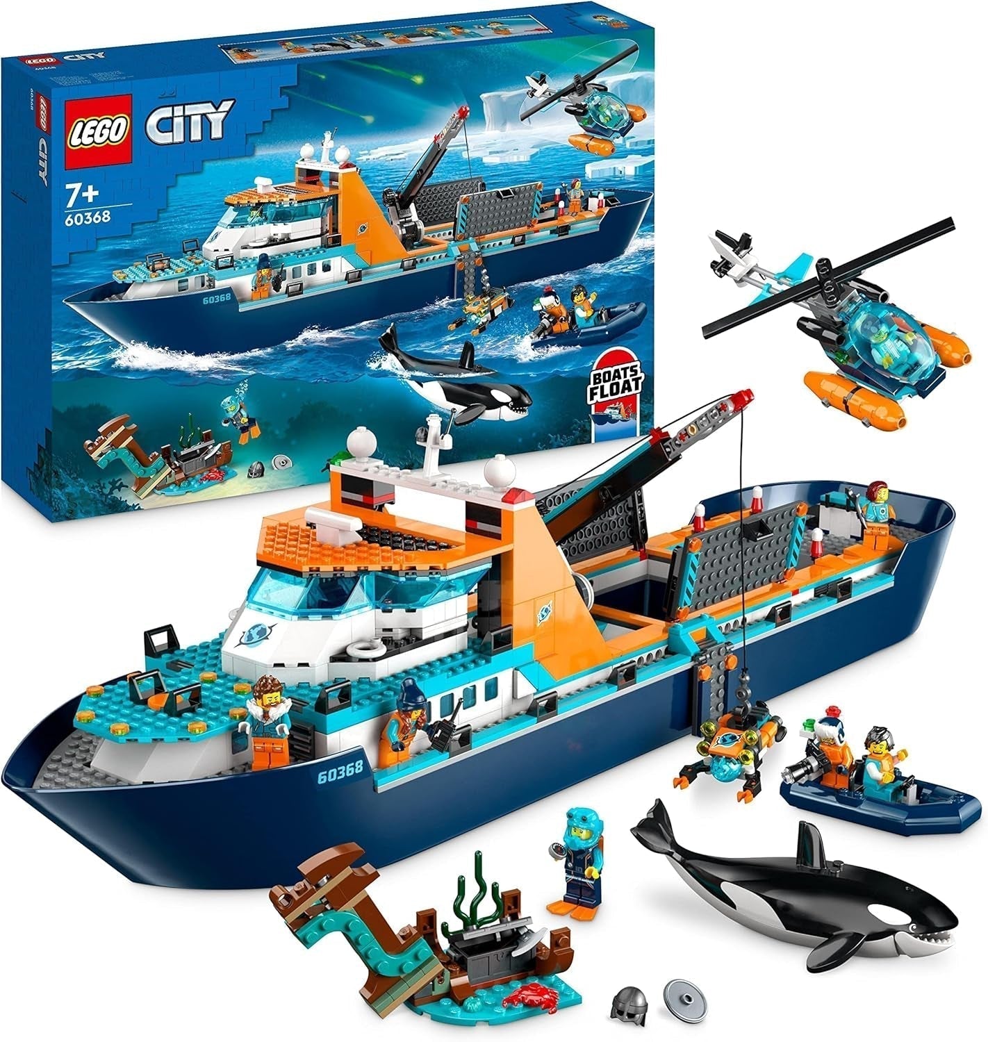 LEGO City Arctic Research Ship, stor flytande leksaksbåt med helikopter, uppblåsbar båt, Rov-ubåt, vikingavrak, 7 minifigurer och späckhuggare, present för 7+ barn 60368 Byggset Besuche den LEGO-Store Single