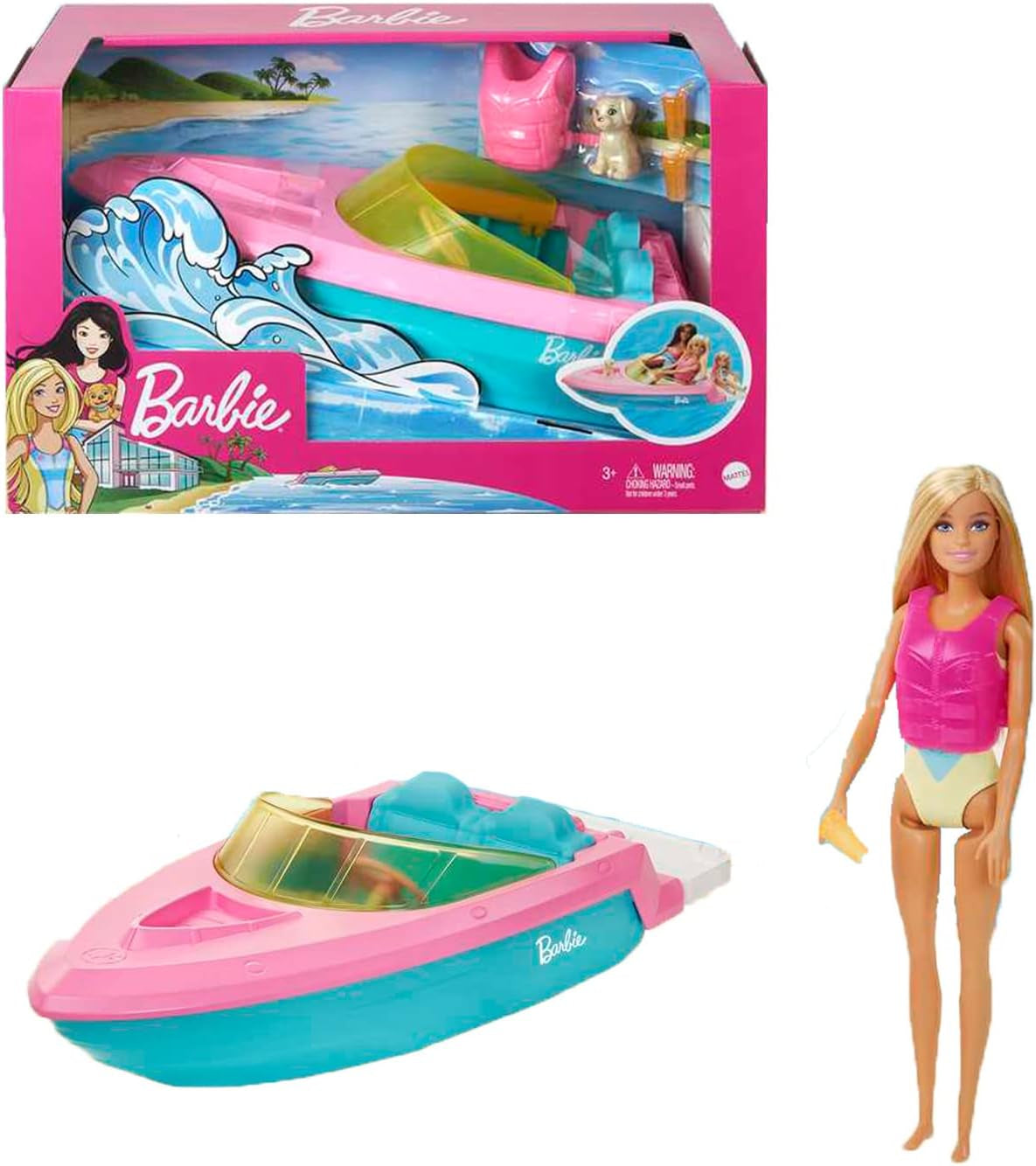Barbie Speedboat Set, Barbie Doll med blont hår, Rosa flytväst, Båt, Valp, Accessoarer, Presenter för 3+, Grg30 Naty Shop Dolls Barbie Speedboat Set