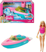 Barbie Speedboat Set, Barbie Doll med blont hår, Rosa flytväst, Båt, Valp, Accessoarer, Presenter för 3+, Grg30 Naty Shop Dolls Barbie Speedboat Set