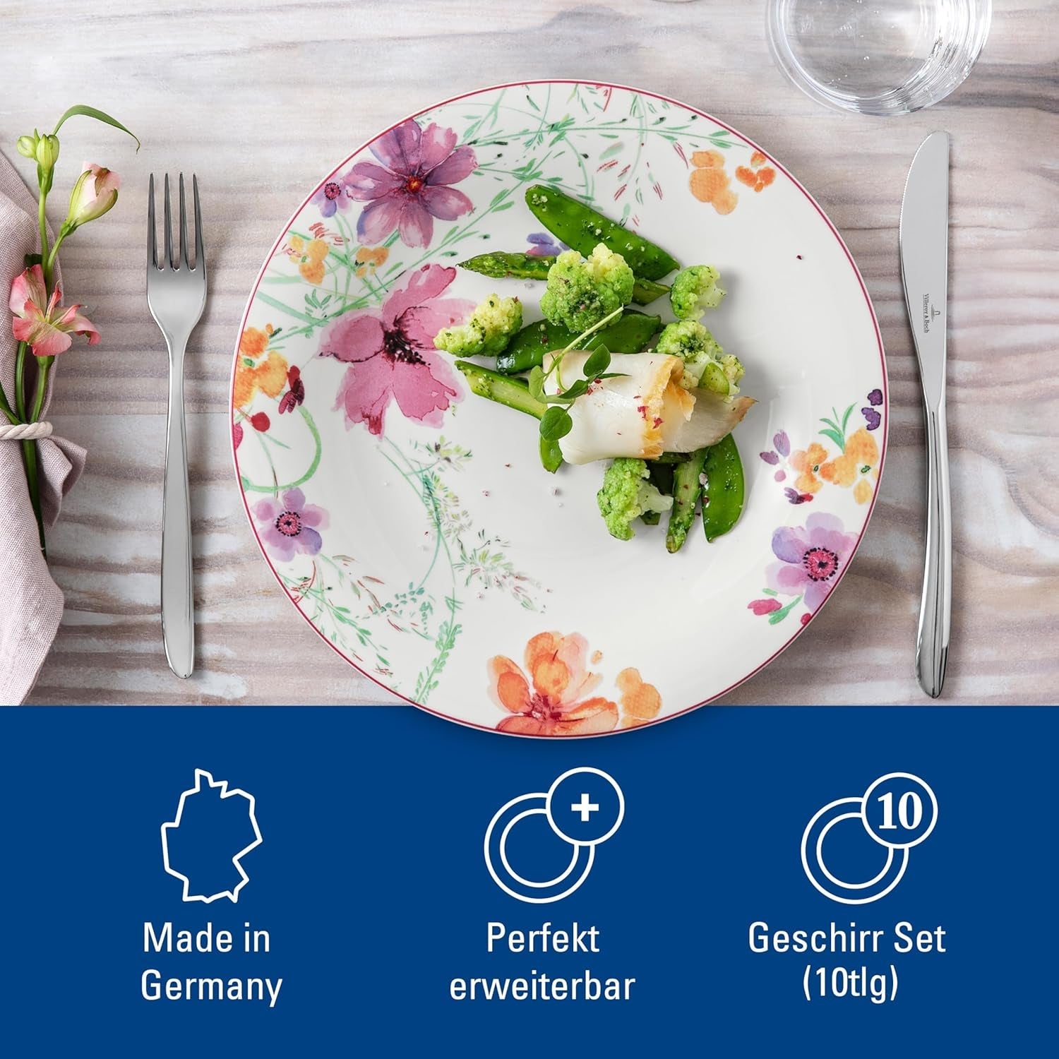 Villeroy & Boch Mariefleur Startset, blandade färger, diskmaskinssäker, mikrovågssäker, servisset för 2, blommigt servisset, servis, kombinationsset, premiumporslin