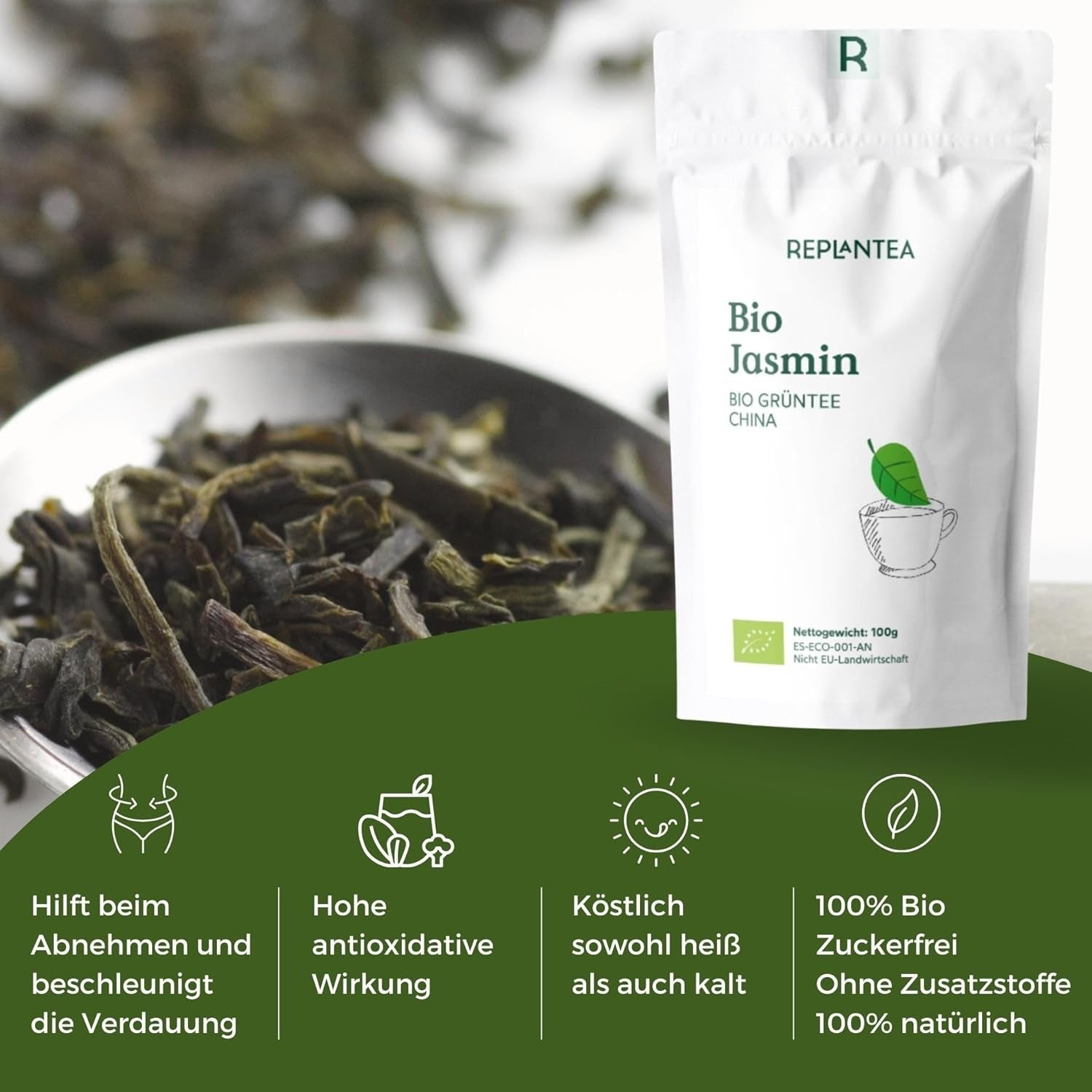 Ekologiskt grönt te med jasmin 100 g (50 koppar) | Jasminte från Kina i bulk, organisk kvalitet REPLANTEA