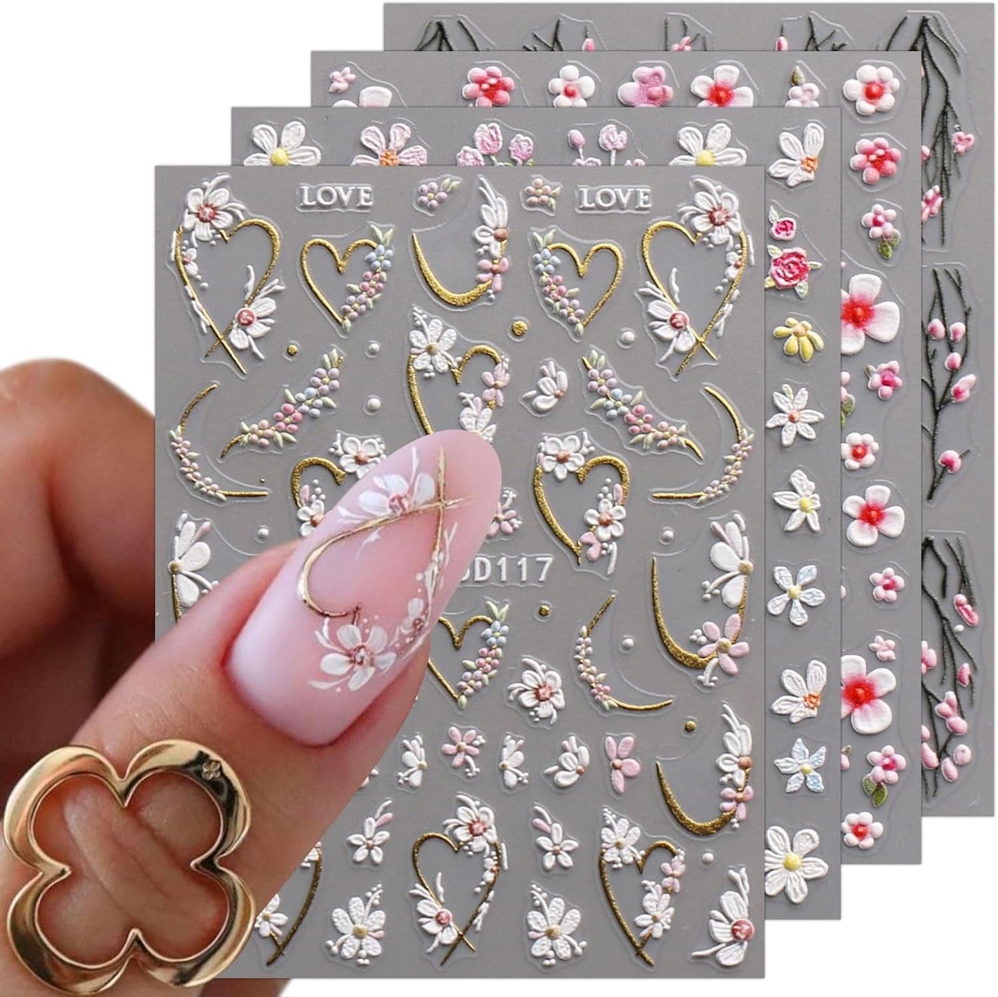 JMEOWIO 3D Nagelsticker Blume Nail Art Sticker Selbstklebend Nagelaufkleber 5D Stereoskopisk Frühling Sommer Floral Dekoration Nageldesign Zubehör 4 Blatt