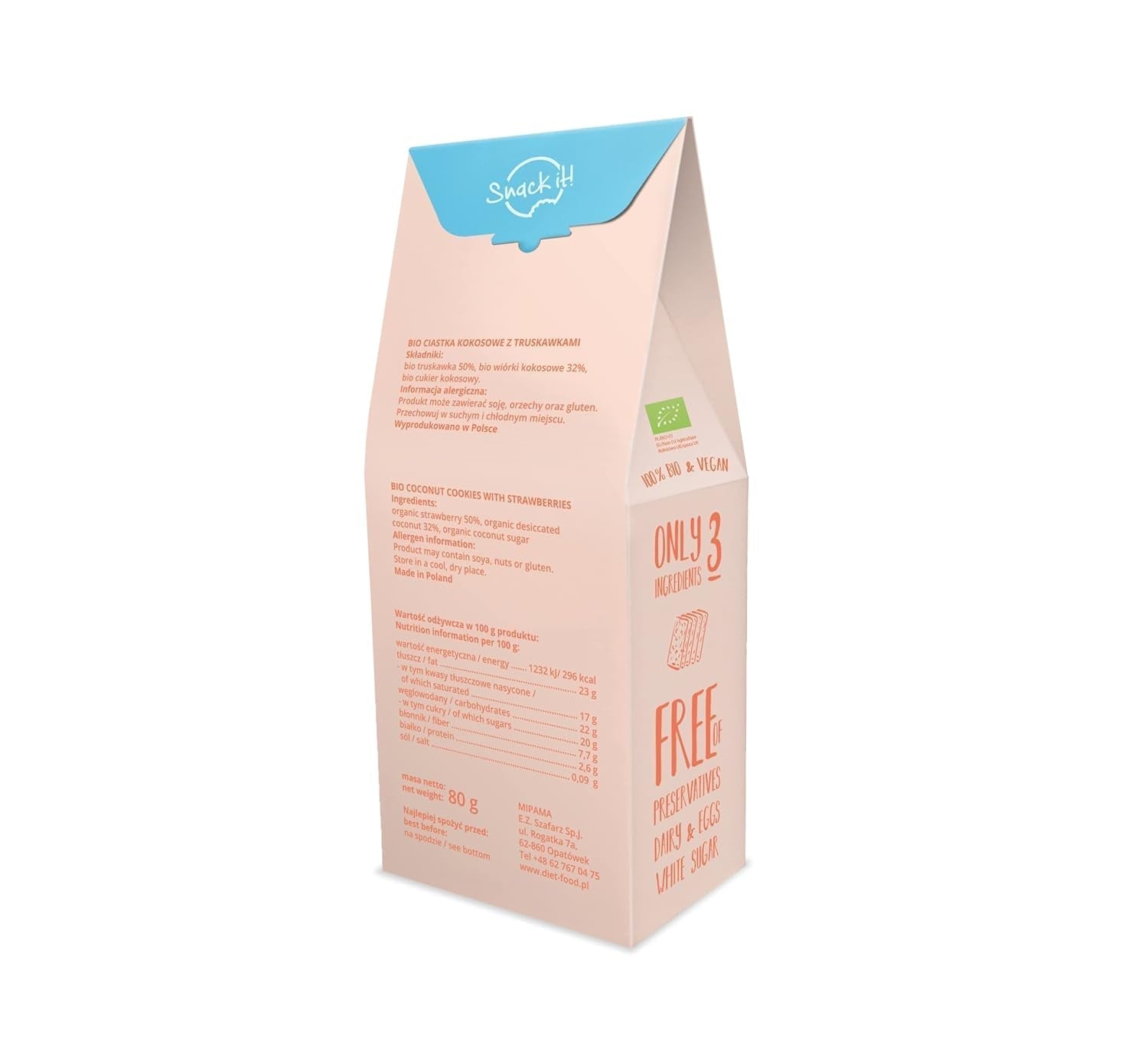 DIET-MAT ​​Ekologiska kakor med kokoschips och jordgubbar Hälsosamt mellanmål Läckra kakor för kontoret, utan konserveringsmedel 80 g (1 förpackning)