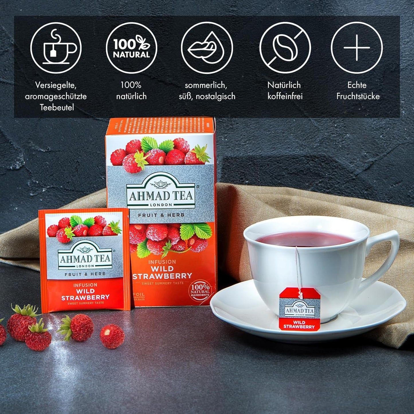 Ahmad-te - Vildjordgubb - Koffeinfritt frukt- och örtte - Jordgubb - Smakförseglade individuellt inslagna tepåsar med 2 g te per portion - 20 bandade tepåsar