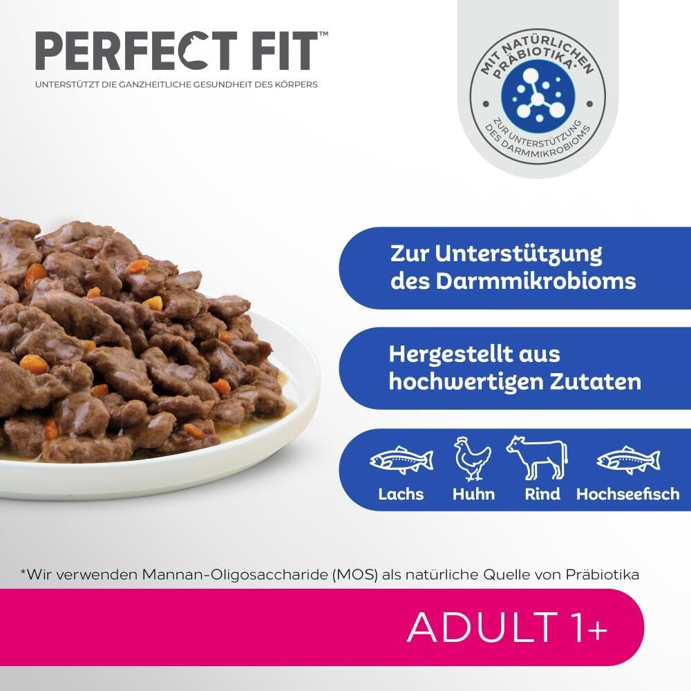 Perfect Fit Vuxen 1+ våtfoderval med lax, djuphavsfisk, nötkött och kyckling, 48 påsar, 12x85g (paket med 4) - Premium våtfoder för vuxna katter från 1 års ålder