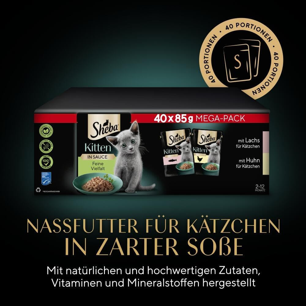 Sheba våtfoder för kattungar, i olika påsar, med lax (MSC) och kyckling i sås, multipack 40x85g