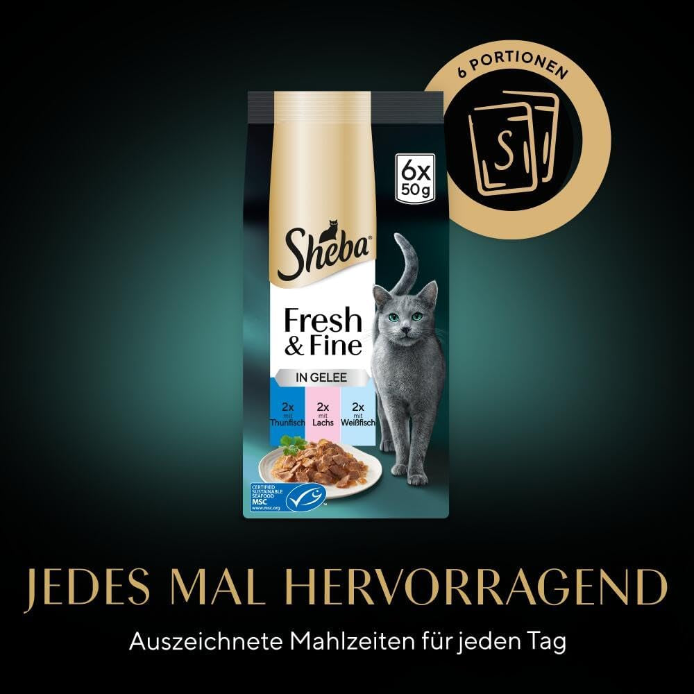 Sheba Portion Pouches Våtfoder för katter, Multipack Fresh & Fine i gelé med MSC tonfisk och lax, 6x6x50g - Hälsosamma måltider för katter med gelé