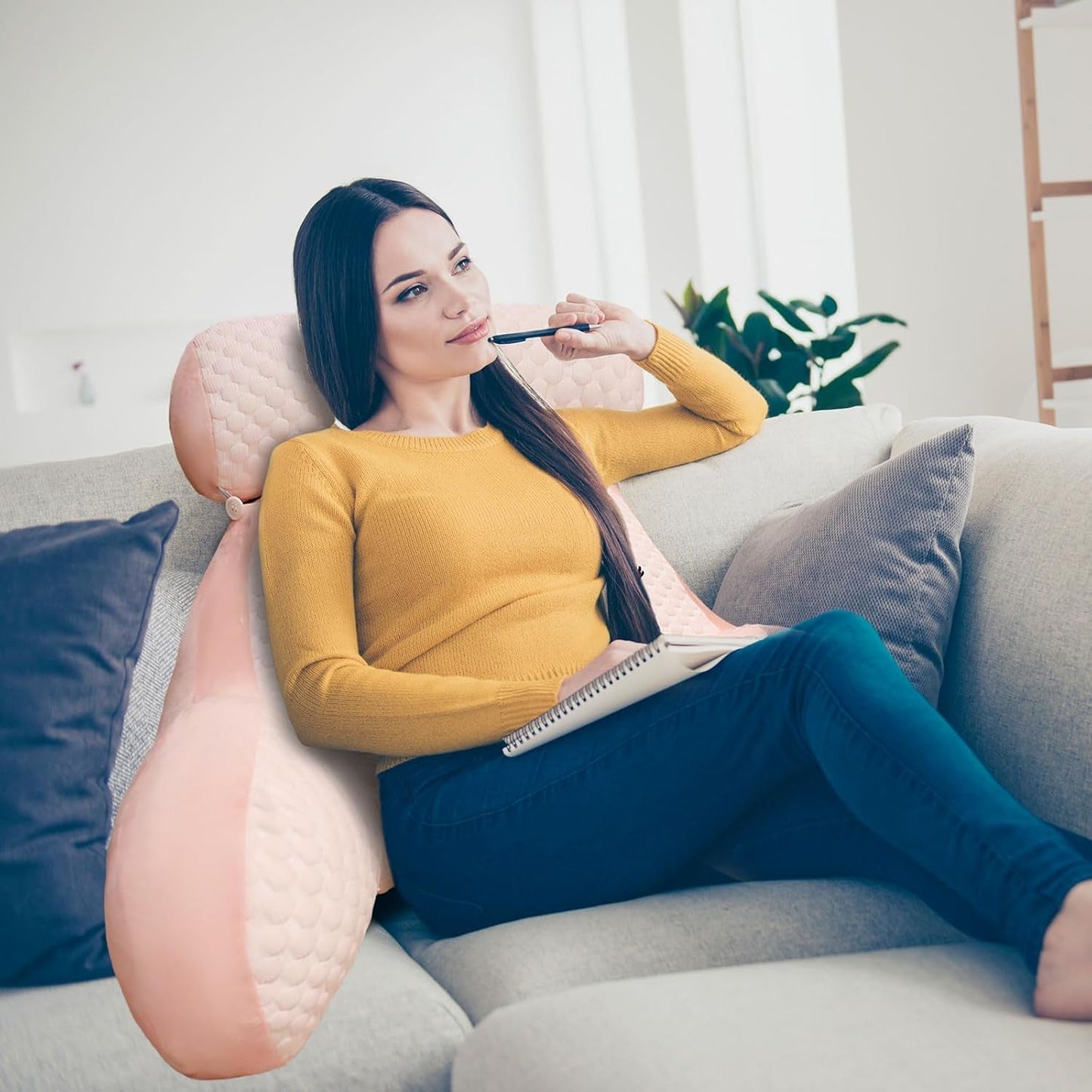 Läskudde, sängkudde, extra stor ryggkudde för vuxna 70x50 cm för läsning med avtagbar nackrulle och stödarm, bekväm läskudde för säng och soffa (rosa, extra stor)