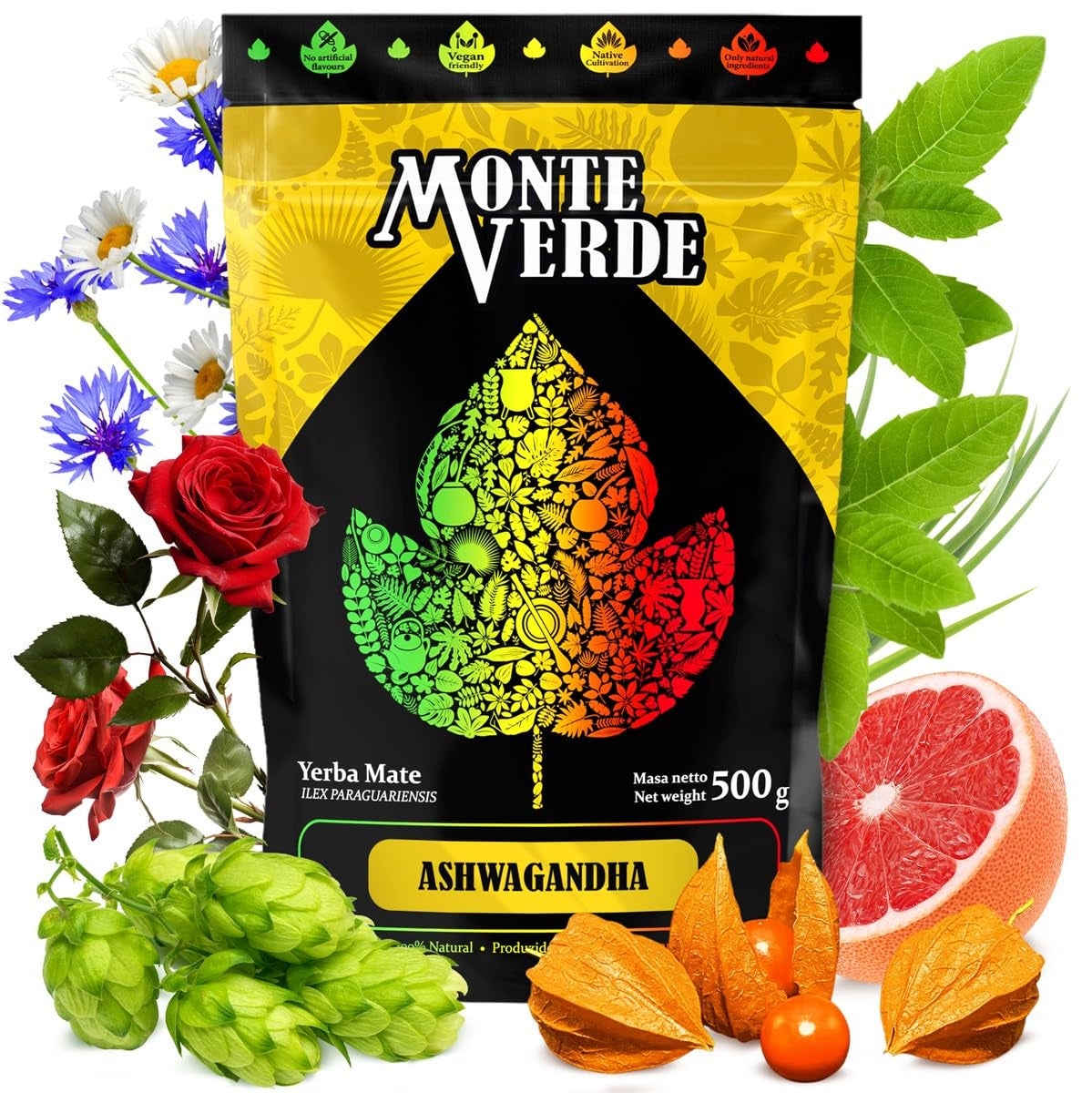 Yerba Mate-te med Ashwagandha 500G - Brasilianskt Mate-te med Ashwagandha och medicinska örter - Inga konstgjorda tillsatser, naturlig smak | Loose Mate Green Tea 0,5 kg med medicinalväxter