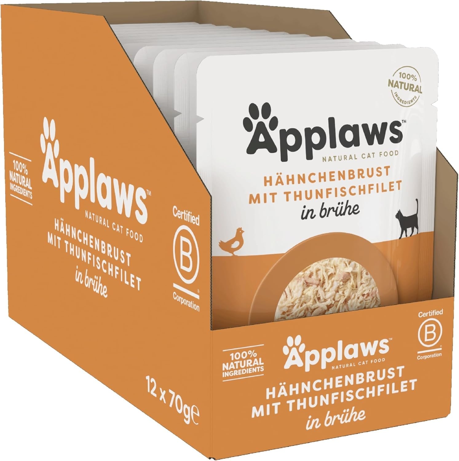 Applaws 100% naturliga Nassfutter für Katzen, Hühnerbrust mit Tunfischfilet in Brühe - Packung mit 12 x 70g Beuteln