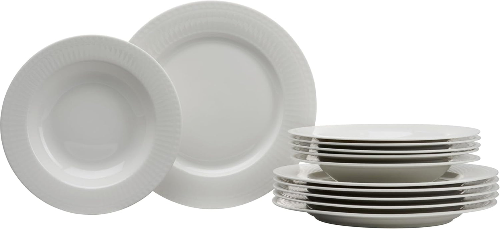 Ritzenhoff & Breker Sofia Tafelservice 12-teilig, Speiseteller (26 cm) och Suppenteller (22 cm) för 6 personer, Tafel-Set mit feinem Rillenrelief, Fine-Dining-Geschirr, Porzellan, Weiß