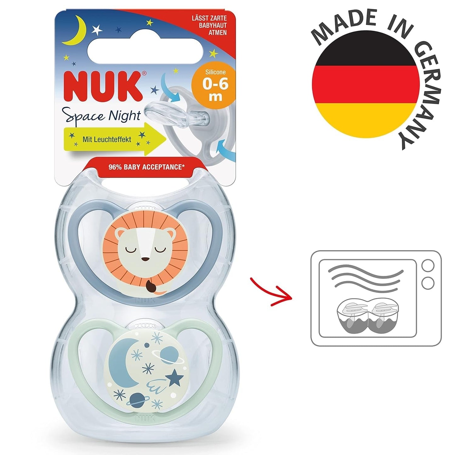 NUK Space Night Napp, 0-6 månader, extra stora ventiler, Glow in the Dark, BPA-fritt silikon, räv och nyckelpiga, 2-pack