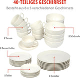 alpina Geschirrset 8 Personen - 40-teiliges Steingut Geschirr - Teller Set mit Speiseteller, Schalen och Kaffeebecher - Camping Geschirr - Mikrowelle- und Spülmaschinengeeignet - Weiß