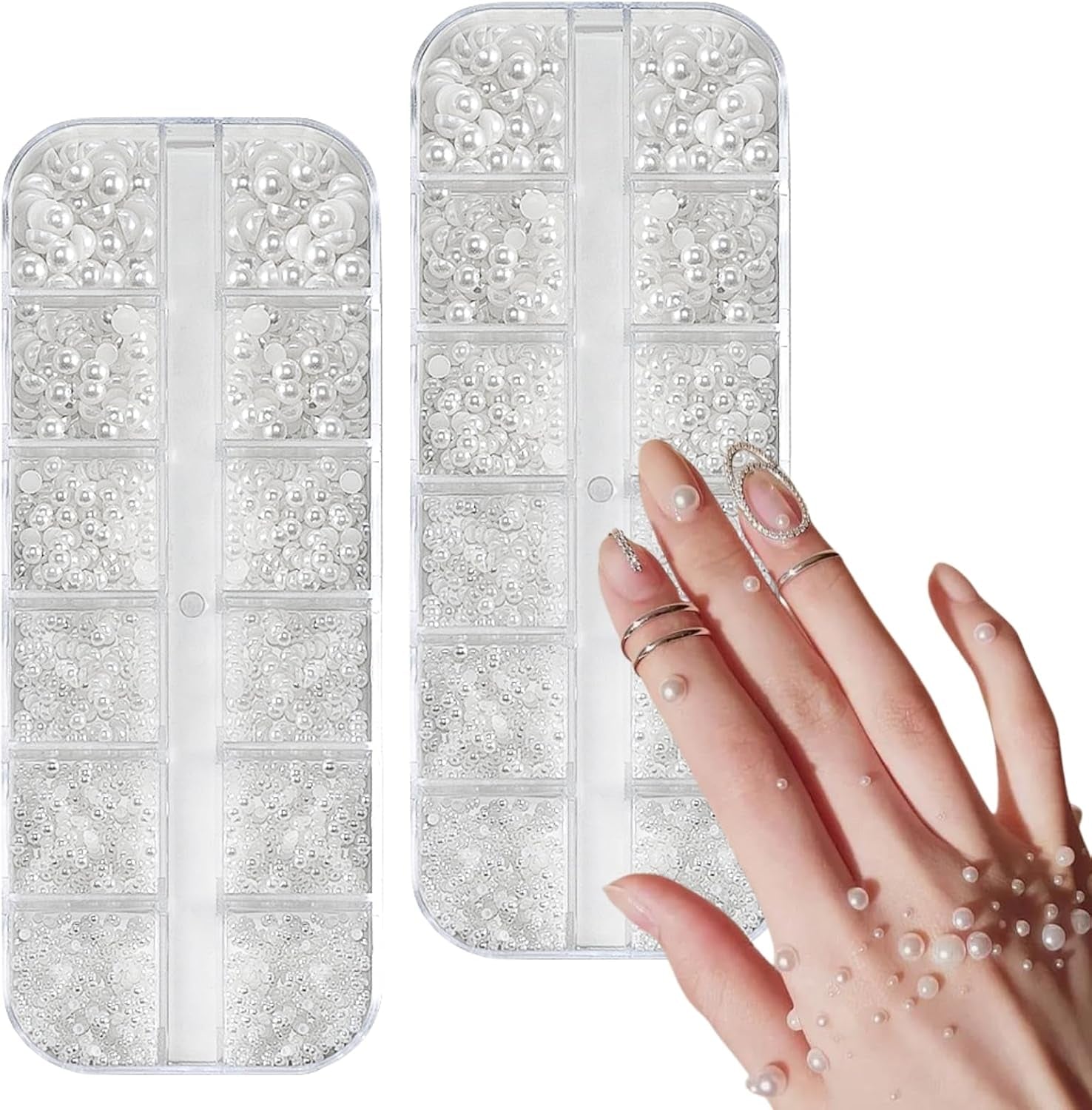 12 Größen Nail Art Perlen, Flache Perlen, Nail Art Accessoires, Halbkreis Nagelperlen, Weiße Nail Charms Und Glitzersteine ​​Nägel Für Nail Art Design, DIY Basteln, Alltag, Hochzeit (2 lådor)