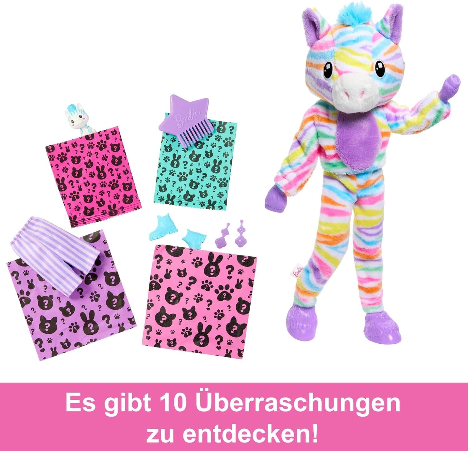 Barbie Cutie Reveal Doll and Accessories, Rainbow Zebra Plush Outfit och 10 färgskiftande överraskningar, Color Dream Range, HRK39
