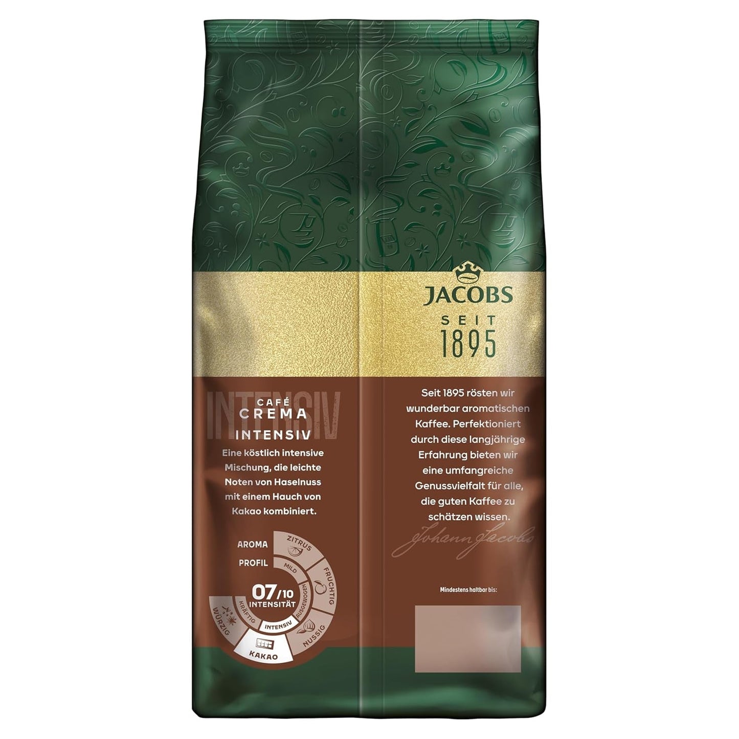 Jacobs Kaffeebohnen Café Crema Intense, intensiv med Kakao- & Nussnote, geröstet i Bremen, Intensität 7/10, Kaffee ganze Bohnen, 1 kg