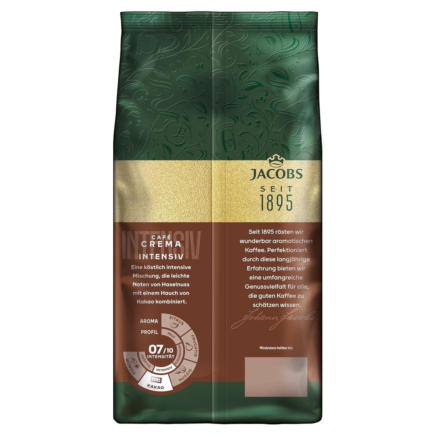 Jacobs Kaffeebohnen Café Crema Intense, intensiv med Kakao- & Nussnote, geröstet i Bremen, Intensität 7/10, Kaffee ganze Bohnen, 1 kg