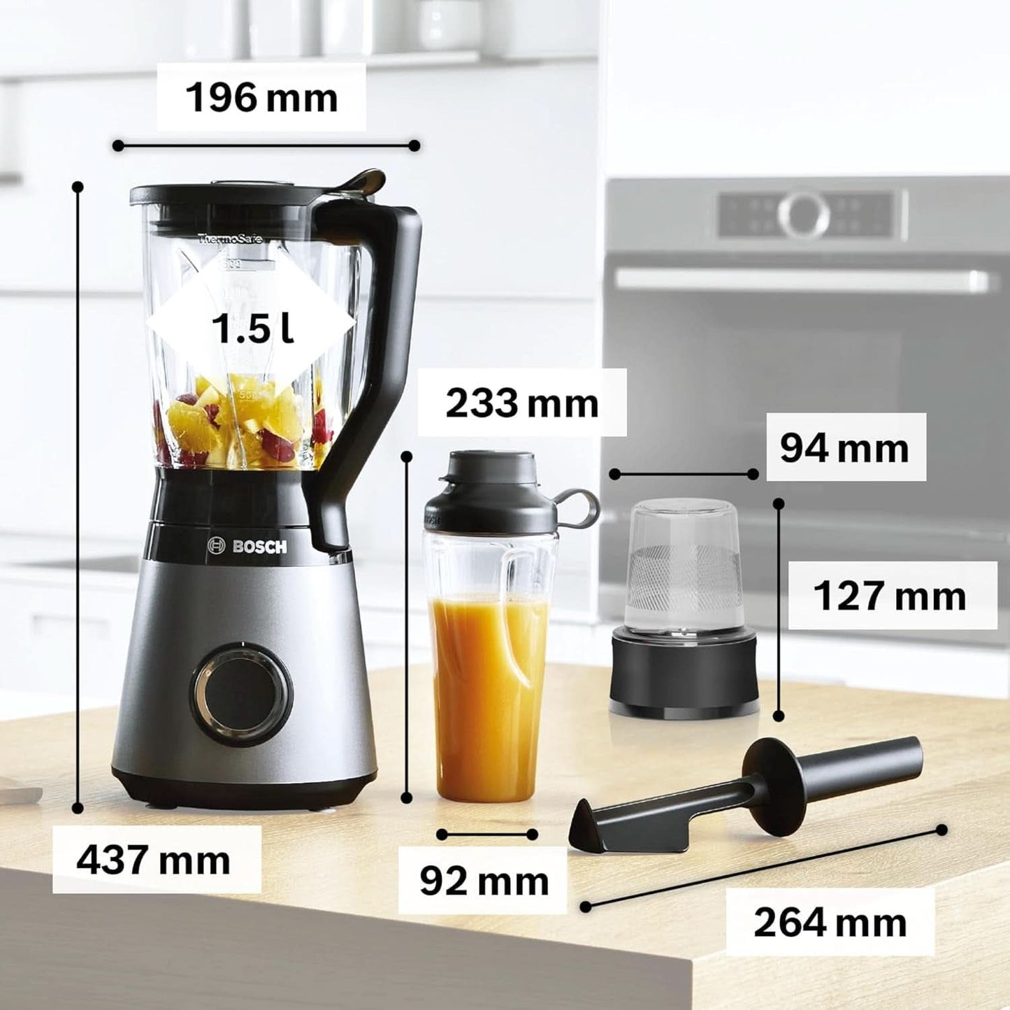 Bosch Standmixer Vitapower Serie 4 MMB6177S, Edelstahl-Klingen Tillverkad i Tyskland, 1,5L Thermosafe Glasbehälter, 0,6L To-Go-Flasche, Stopfer, Universalzerkleinerer, 30 000 U/Min, 1200 W, Silver Kitchen Naty Shop