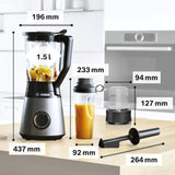 Bosch Standmixer Vitapower Serie 4 MMB6177S, Edelstahl-Klingen Tillverkad i Tyskland, 1,5L Thermosafe Glasbehälter, 0,6L To-Go-Flasche, Stopfer, Universalzerkleinerer, 30 000 U/Min, 1200 W, Silver Kitchen Naty Shop