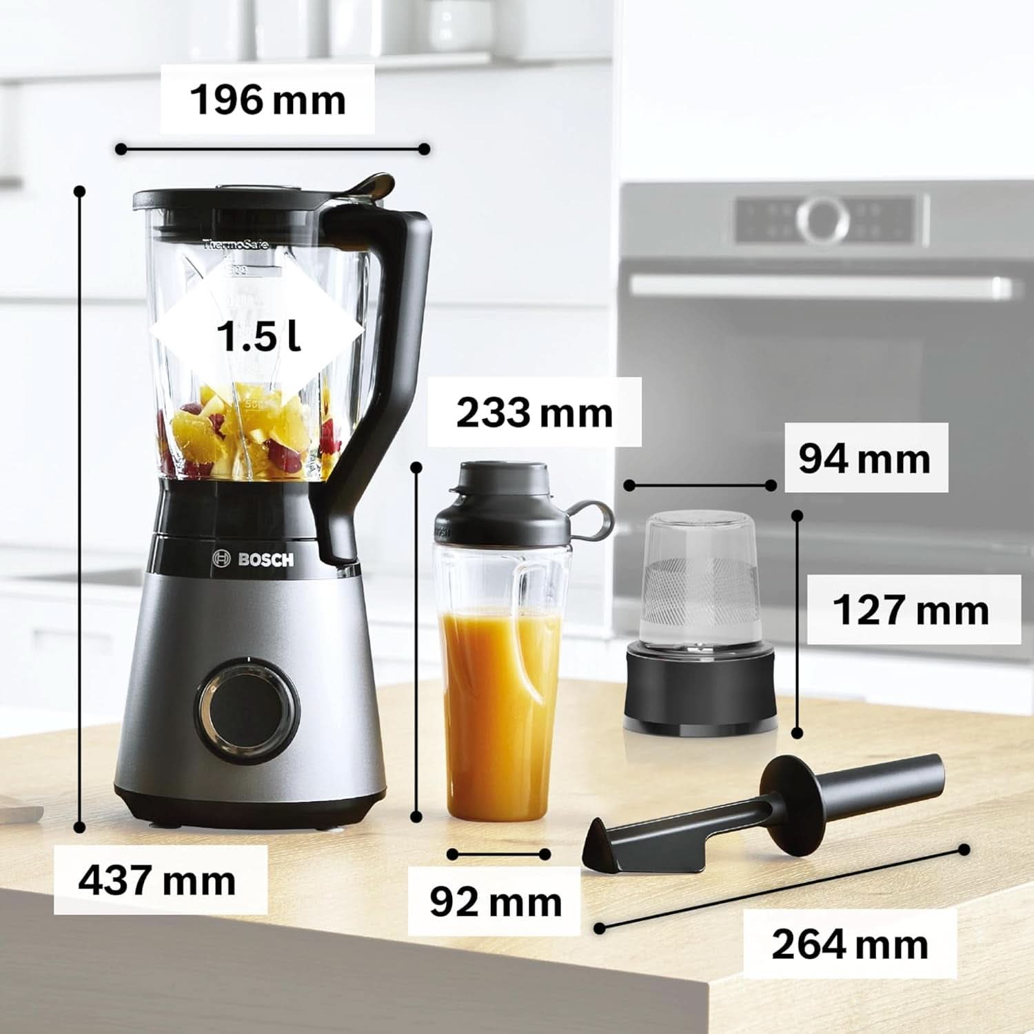 Bosch Standmixer Vitapower Serie 4 MMB6177S, Edelstahl-Klingen Tillverkad i Tyskland, 1,5L Thermosafe Glasbehälter, 0,6L To-Go-Flasche, Stopfer, Universalzerkleinerer, 30 000 U/Min, 1200 W, Silver Kitchen Naty Shop