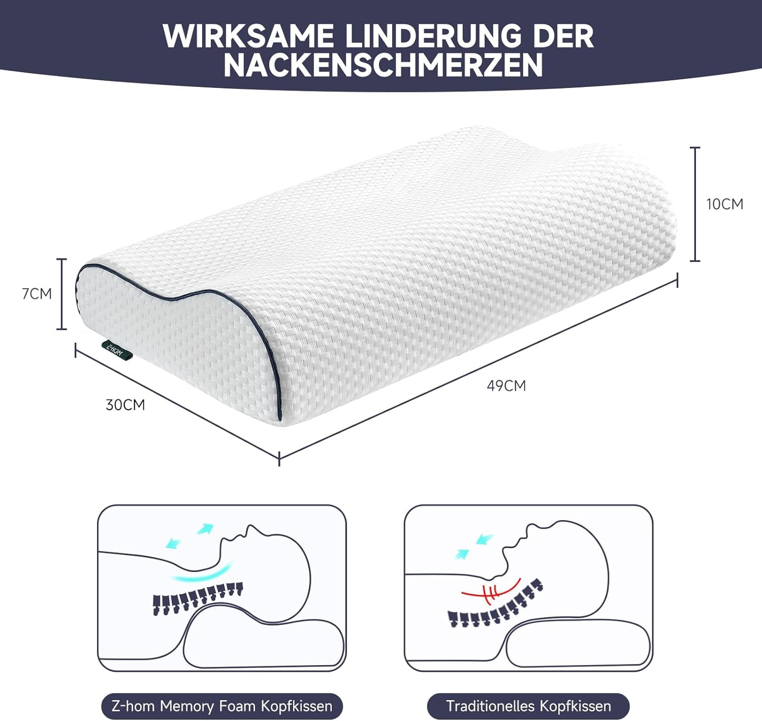 Z-Hom Nackstödskudde, Memory Foam Kudde, Side Sleeper Kudde, Ergonomisk Kudde, Anti Snorking Kudde, Ortopedisk Sovkudde, Avtagbart överdrag (49 X 30 X 7/10 Cm) Cervikala ortopediska kuddar Naty Shop