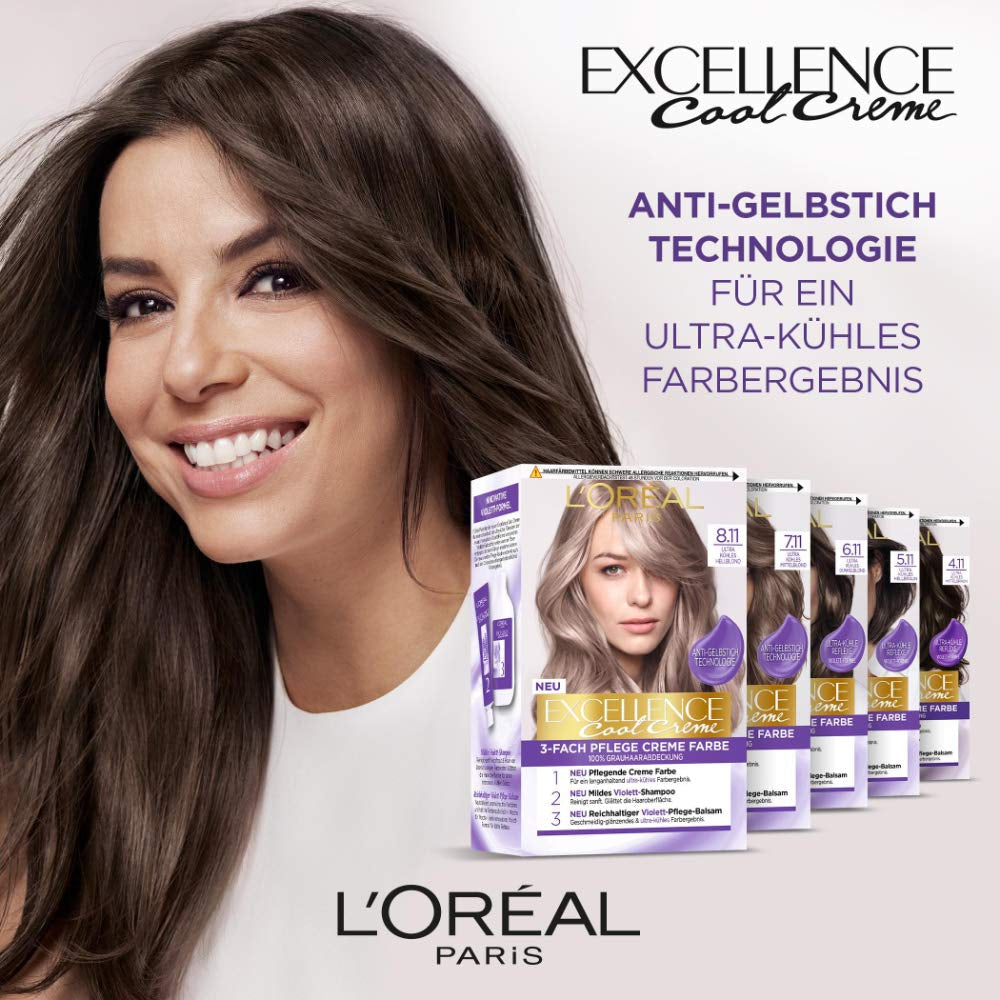 L'Oréal Paris Permanent hårfärgning med ultra coolt färgresultat, 100 % täckning av grått hår, satt med färg, schampo och vårdkräm, Excellence Cool Creme, nr 7.11 Ultra cool medium blond (blond) Naty Shop hårfärgning