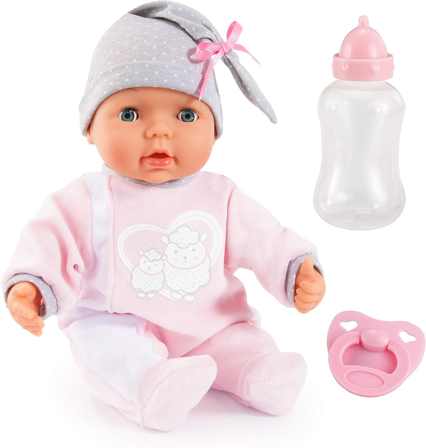 Bayer Design 93829AA My Piccolina interaktiv docka med funktion, Talande docka, Rör mun, 38 cm, Napp, Nappflaska, Rosa, Grå