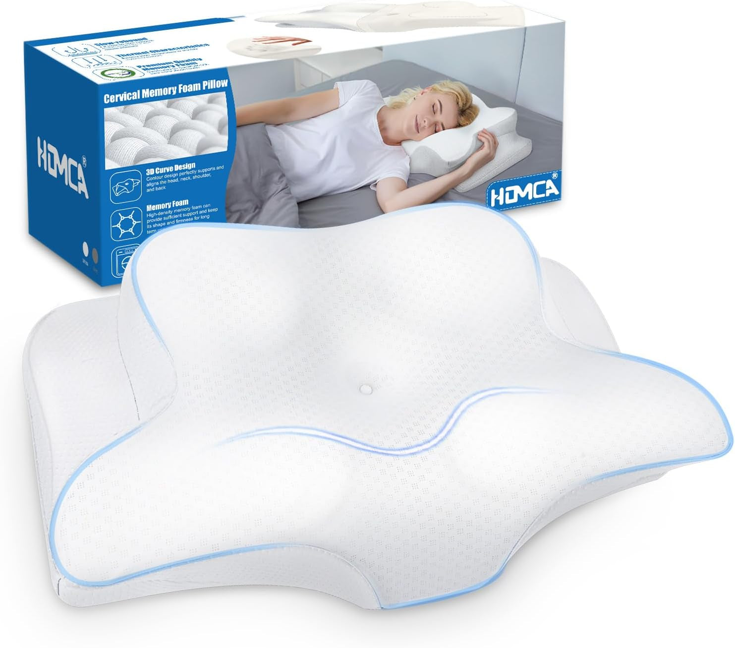 HOMCA Nackkudde Kudde, Memory Foam Ergonomisk kudde 3D Kylkuddar för liggande, sidoläge eller liggande, 62 X 41 X 9,5/12,5 Cm Cervikala ortopediska kuddar Naty Shop White