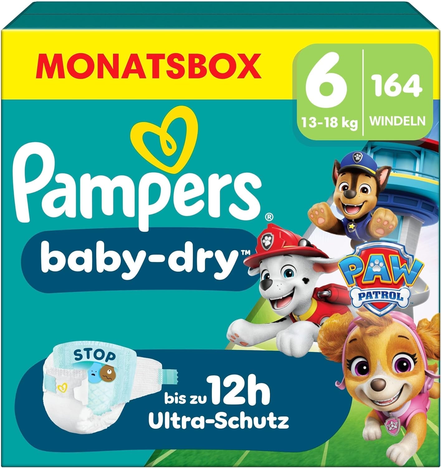 Pampers Baby-Dry Puppy Patrol Edition blöjor, storlek 6, 164 blöjor, 13 kg - 18 kg, upp till 100 % läckageskydd och komfort hela natten