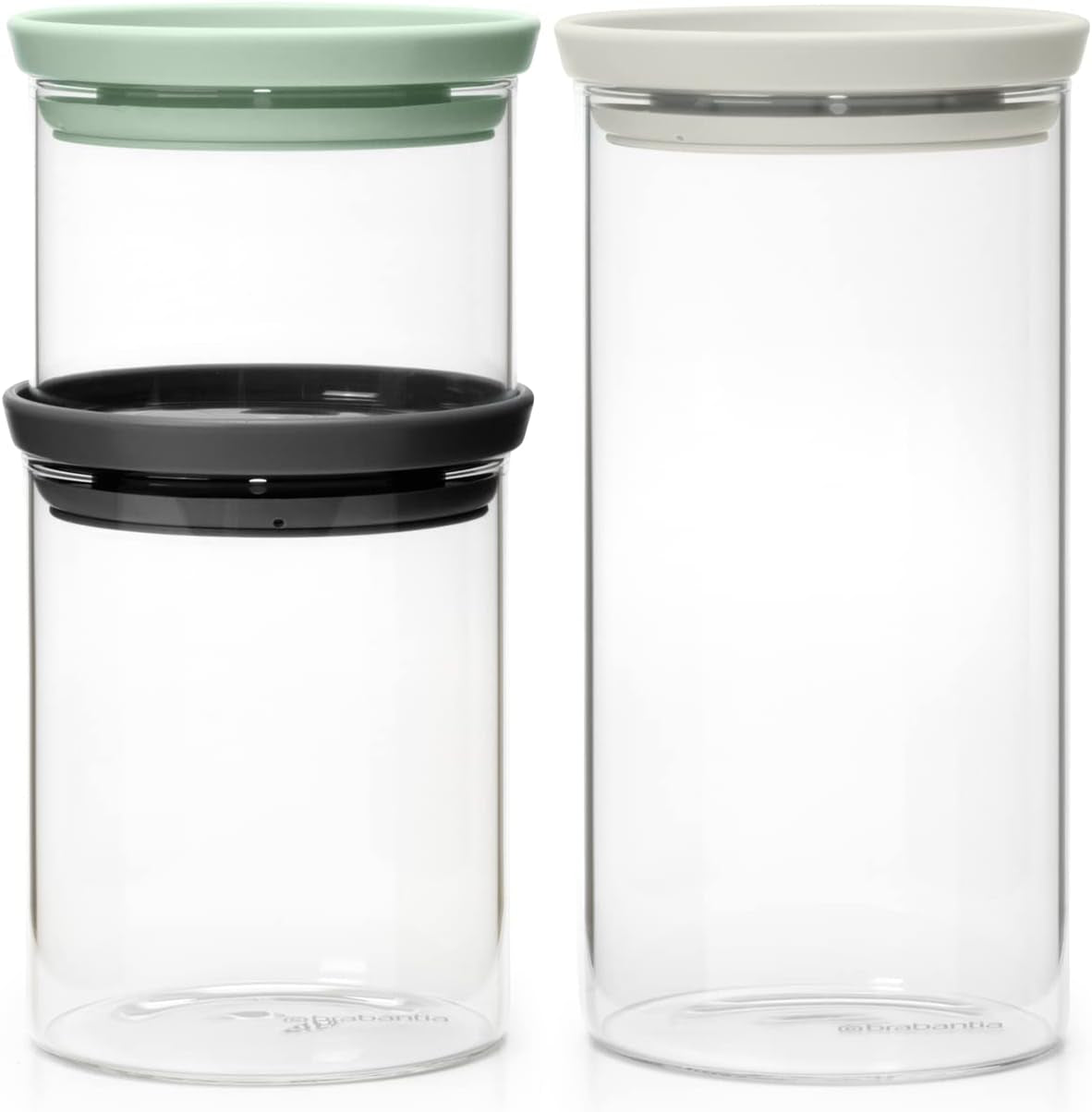 Brabantia - Stapelbar glasbehållare med lock - Set om 3 - Matförvaring - Håller maten fräsch längre - Silikonförsegling - Tål diskmaskin - Mörkgrå/Ljusgrå/Jadegrön - 0,3L/0,6L/1,1L Matförvaringslådor Naty Shop Standardtitel