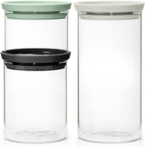 Brabantia - Stapelbar glasbehållare med lock - Set om 3 - Matförvaring - Håller maten fräsch längre - Silikonförsegling - Tål diskmaskin - Mörkgrå/Ljusgrå/Jadegrön - 0,3L/0,6L/1,1L Matförvaringslådor Naty Shop Standardtitel
