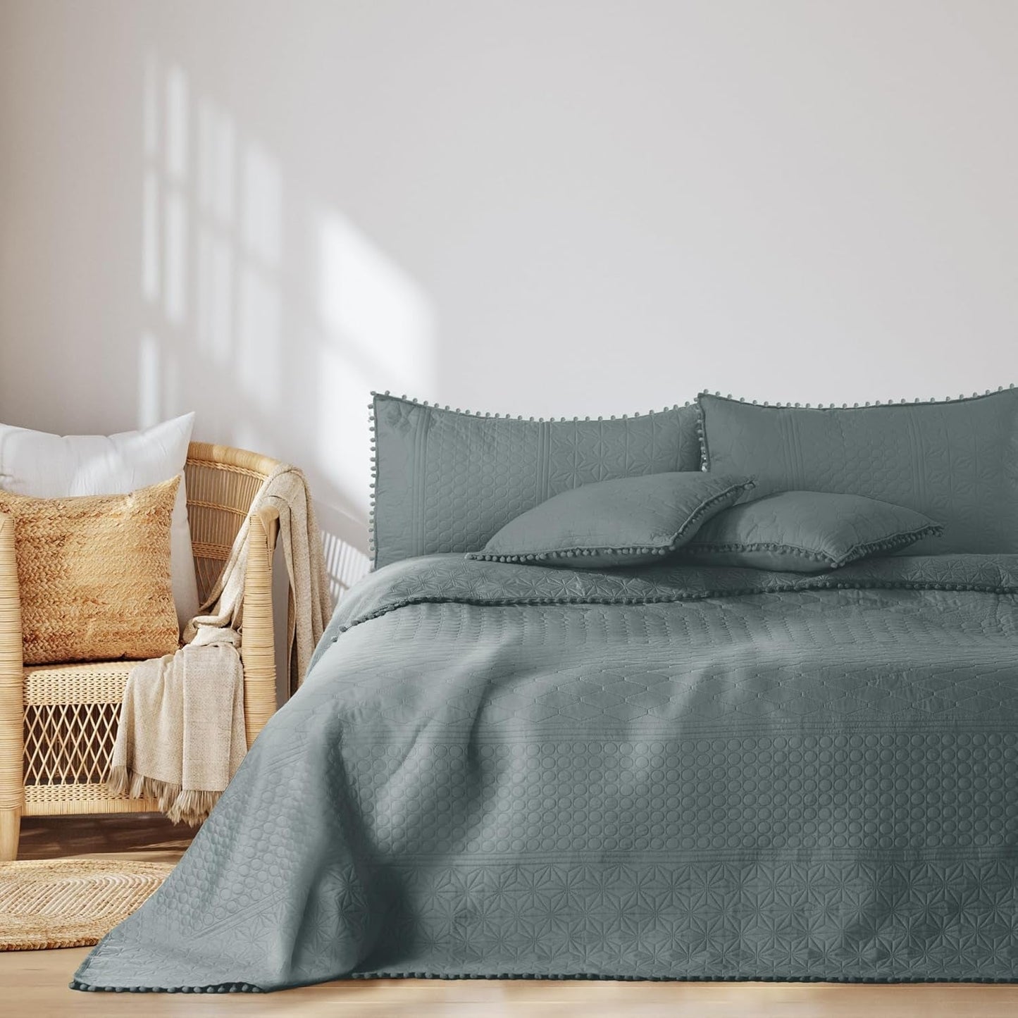 Ameliahome Överkast med pompoms 220X240 Cm Dubbelsidigt överkast Ultrasonic Quilting Polyester Meadore Grå Sängar och filtar Besuche den AmeliaHome-Store Meadore grå 220X240 Cm